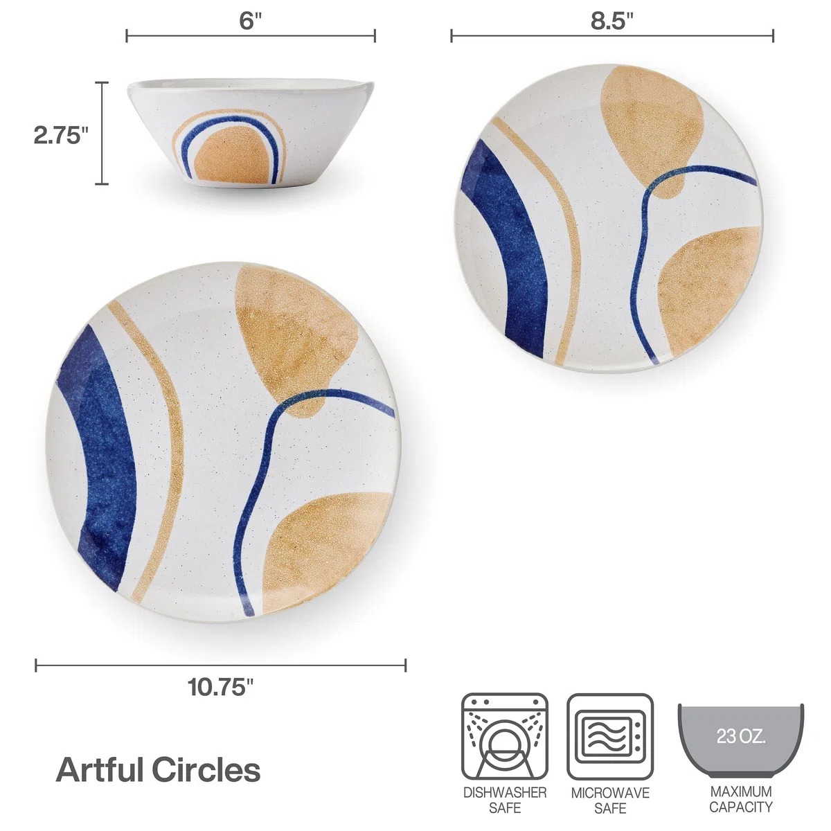 Pfaltzgraff Artful Circles Geo - Juego de vajilla de 12 piezas, servicio para 4 personas