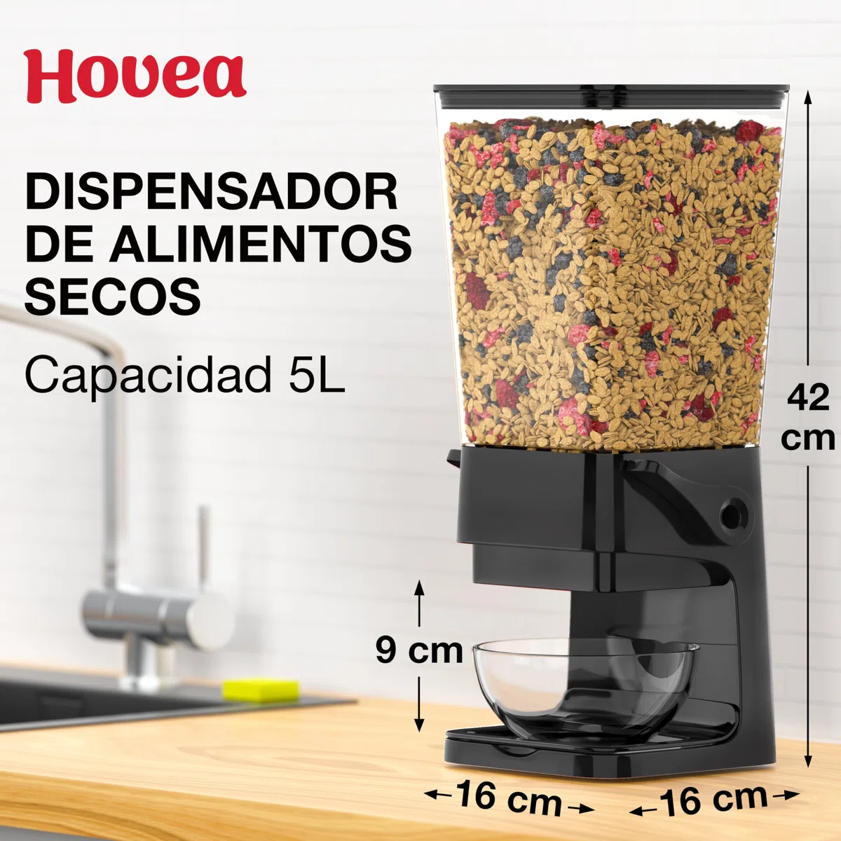 Dispensador de Cereales y Croquetas - Capacidad 5 L - Para Muesli, Pasta y Alimentos Secos - Dispensador de Croquetas para Perros y Gatos - Cocina, Desayuno - Negro - CR501