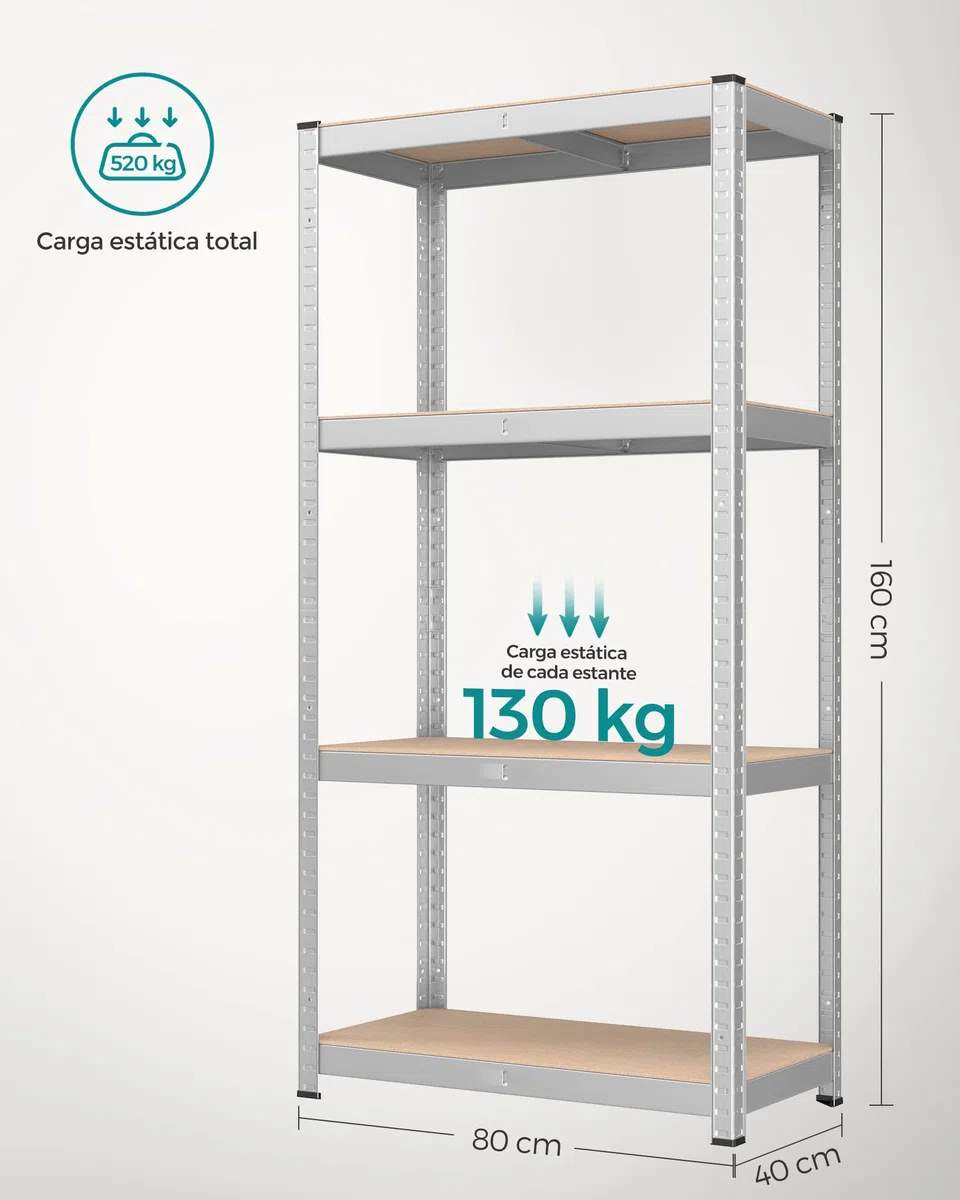 SONGMICS Estantería de 4 Niveles, Juego de 2 estanterías de Acero para Almacenamiento, Montaje sin Tornillos, para Garaje, cobertizo, Capacidad de Carga de 520 kg Cada una, 40 x 80 x 160 cm, Plata