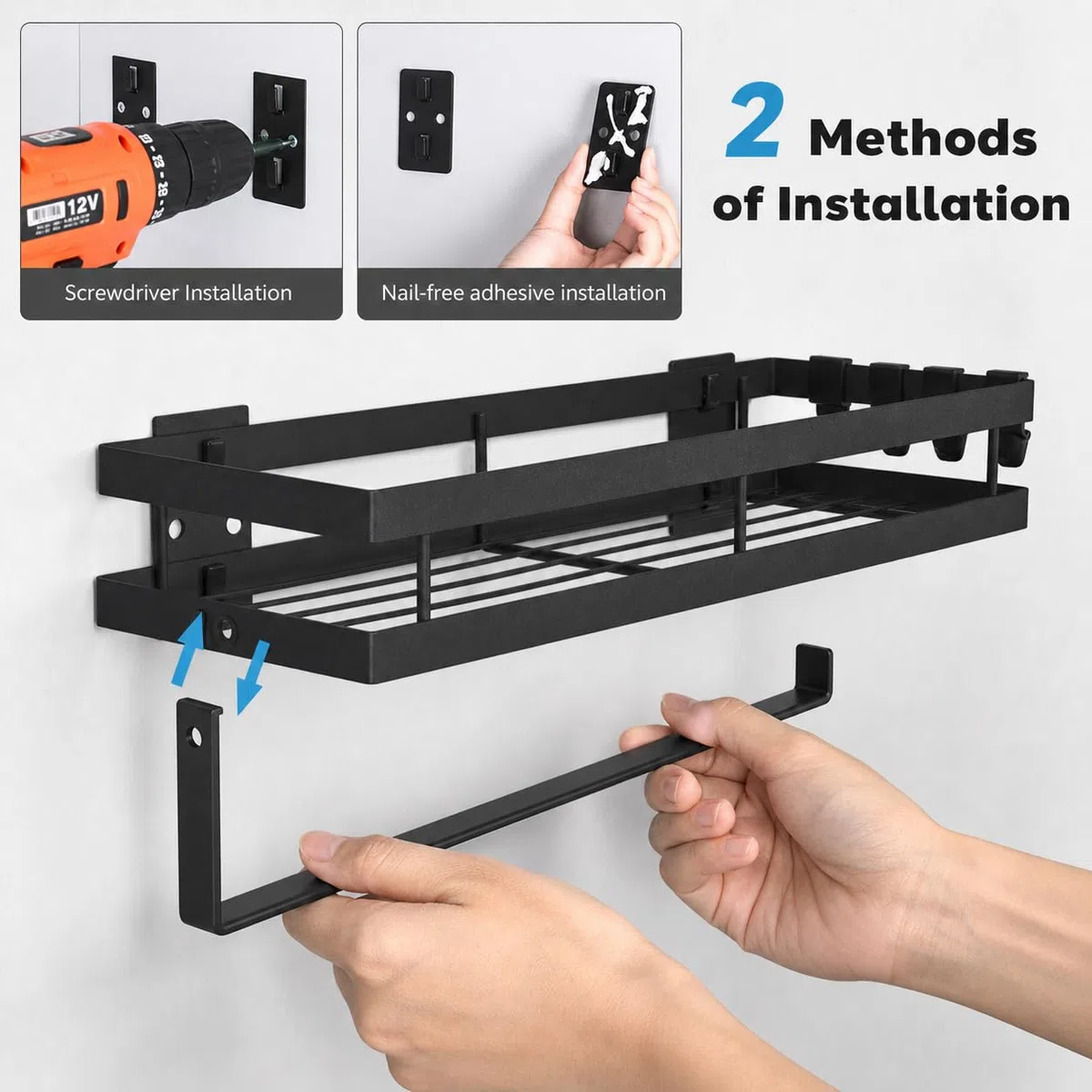 Especiero de Pared Sin Taladrar con Portarrollos de Cocina, Organizador de Cocina de Acero al Carbono Negro, Estante para Especias con 4 Ganchos para Utensilios y Paños