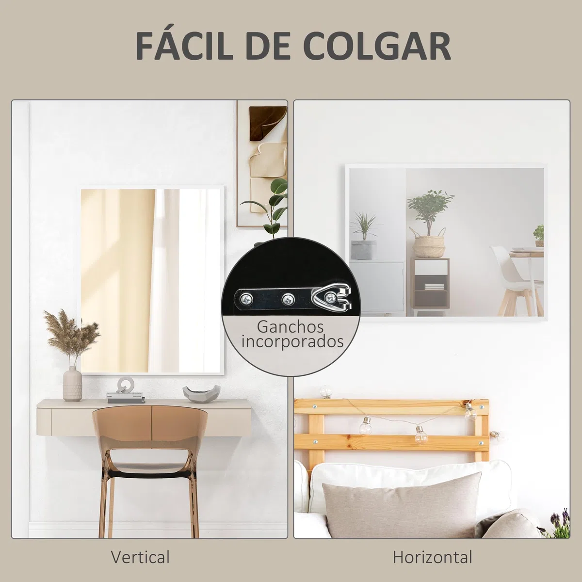 HOMCOM Espejo de Pared, 70x90 cm, Espejo de Baño Rectangular, Decorativo para Salón, Entrada, Pasillo, Horizontal o Vertical, Blanco