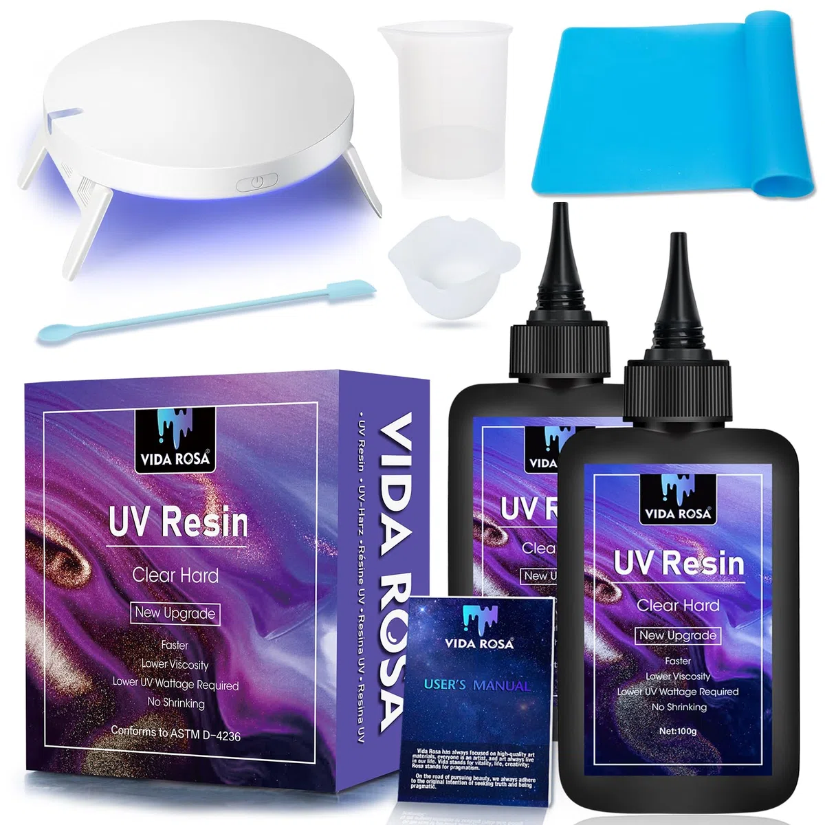 VidaRosa Kit de resina UV VIDA ROSA de 200 g, súper transparente con lámpara UV, varilla de silicona para agitar, taza medidora y almohadilla de silicona.