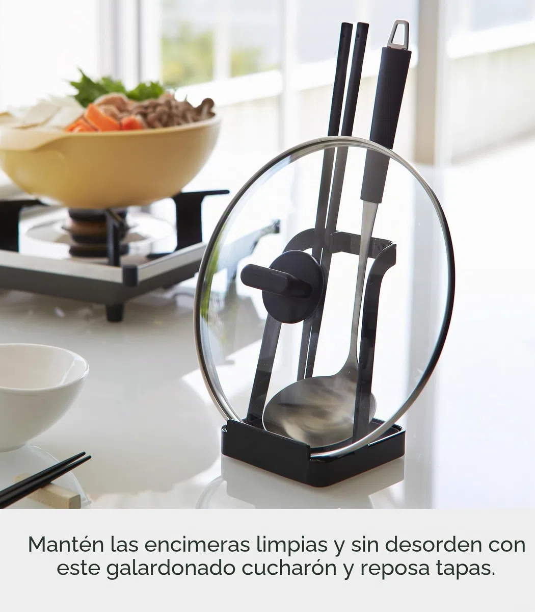 YAMAZAKI 2249 TOWER Soporte para tapa de cazo y olla, negro, acero, diseño minimalista, 10 x 10 x 15 cm (L x An x Al)