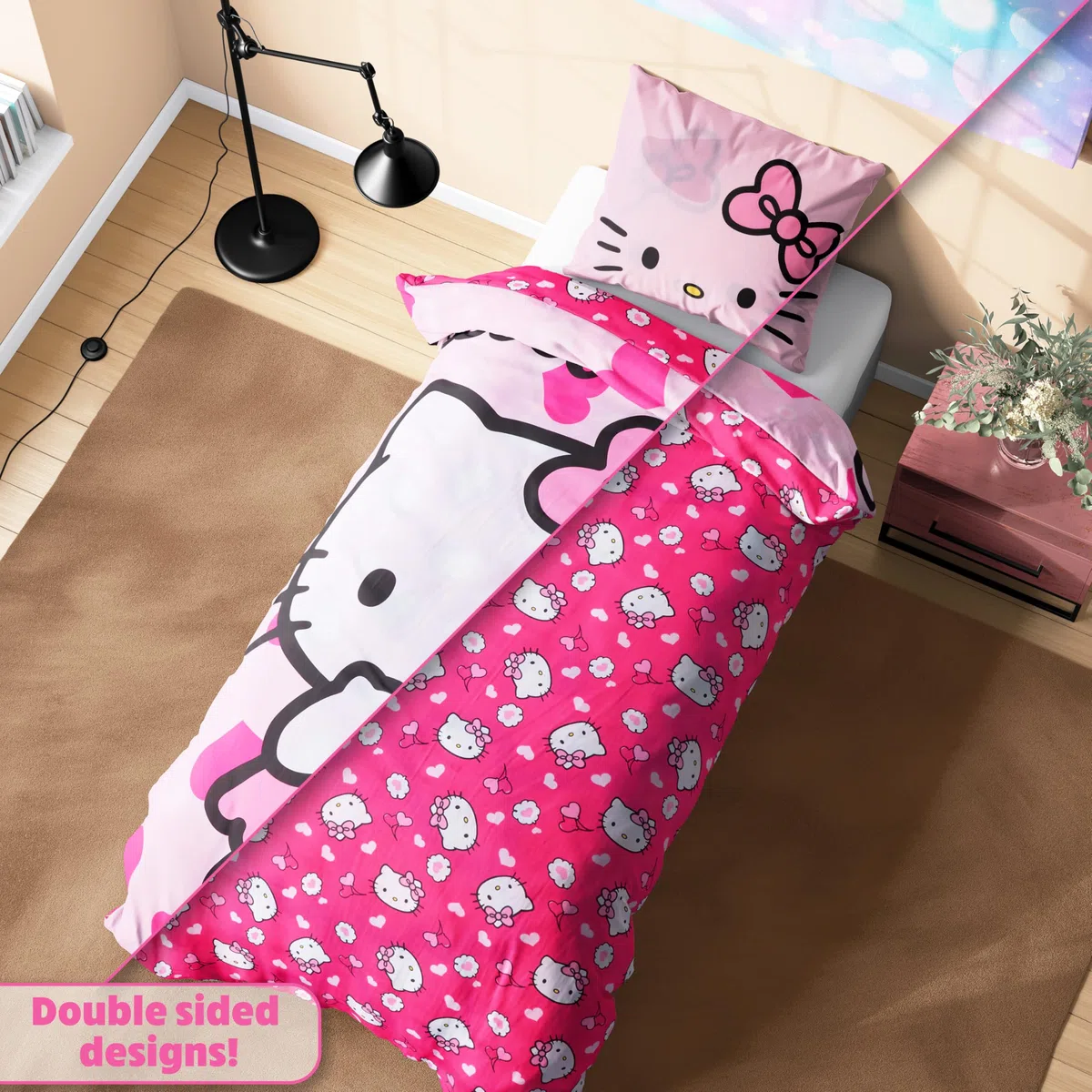 Hello Kitty Sanrio Juego de Cama Individual con Funda Nórdica Reversible 135x200cm y Funda de Almohada, Kuromi Cinnamoroll Accesorios Habitacion (Rosa Hello Kitty, Individual)