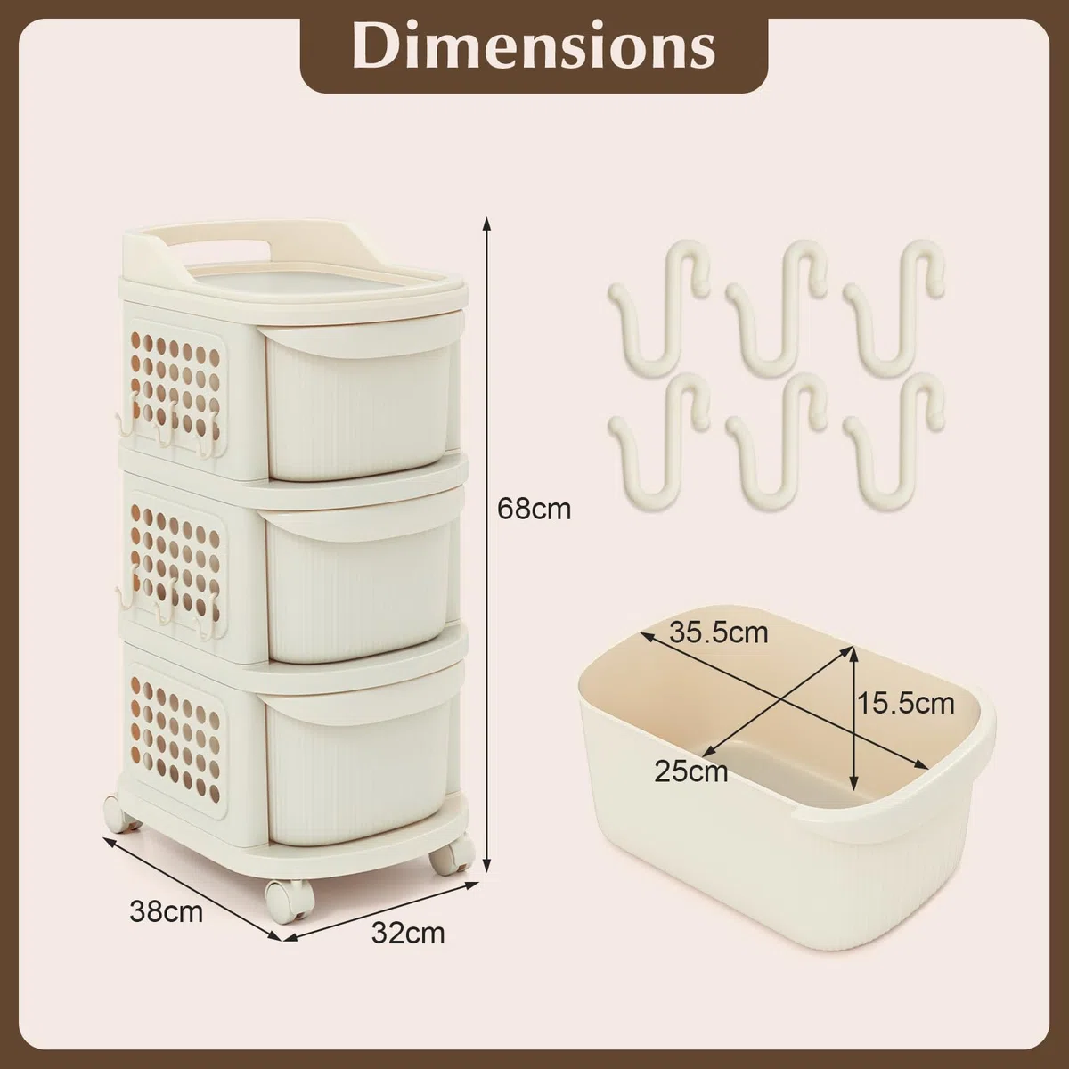 GIANTEX Carrito Auxiliar con Ruedas con 3/4 Cajones, Cajonera de Almacenamiento de Plástico con Paneles Perforados Laterales, 6 Ganchos, Carro Organizador para Salón, Dormitorio (3 Cajones)