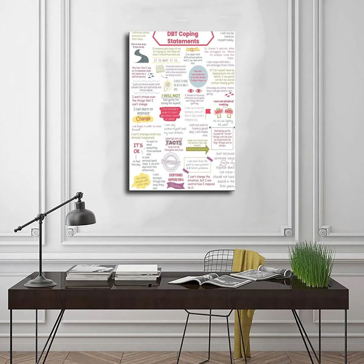 Wall DBT - Declaraciones de afrontamiento, afirmaciones, citas, trastorno de estrés postraumático, TLP, autoayuda, cuidado de depresión, ansiedad, bipolar, niños, adolescentes, adultos, dormitorio
