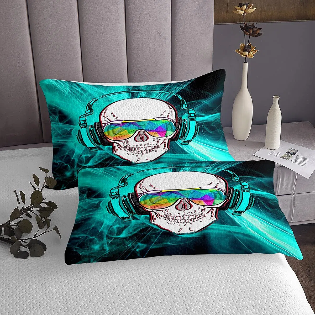 Juego de Funda de Calavera niños,de Esqueleto,de Hip-Hop,Colcha Acolchada niños,Dormitorio,Individual 1 Funda de Almohada