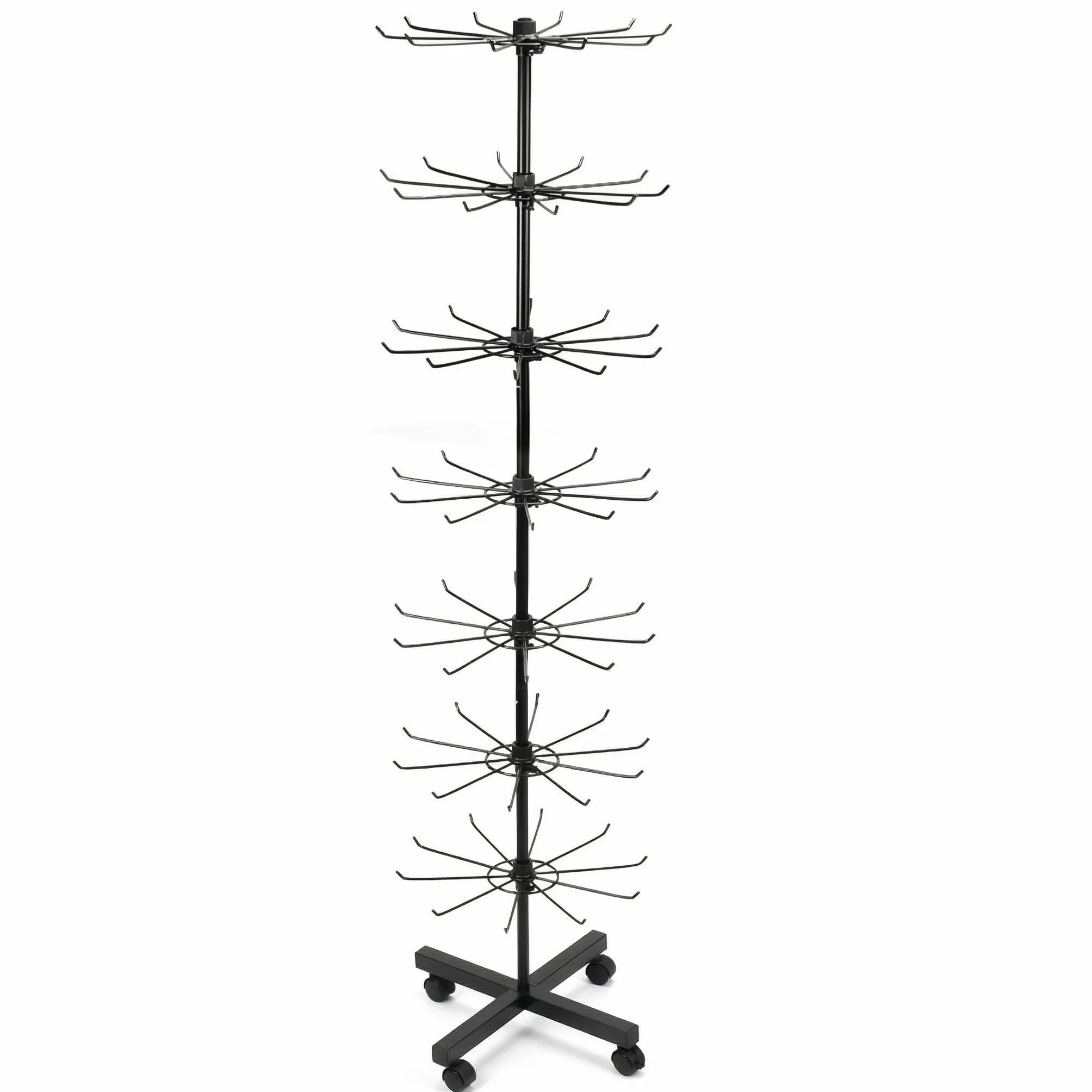 QWORK® Soporte de exhibición giratorio de metal de 7 niveles para sombreros, joyas, calcetines y bufandas de seda, con ruedas
