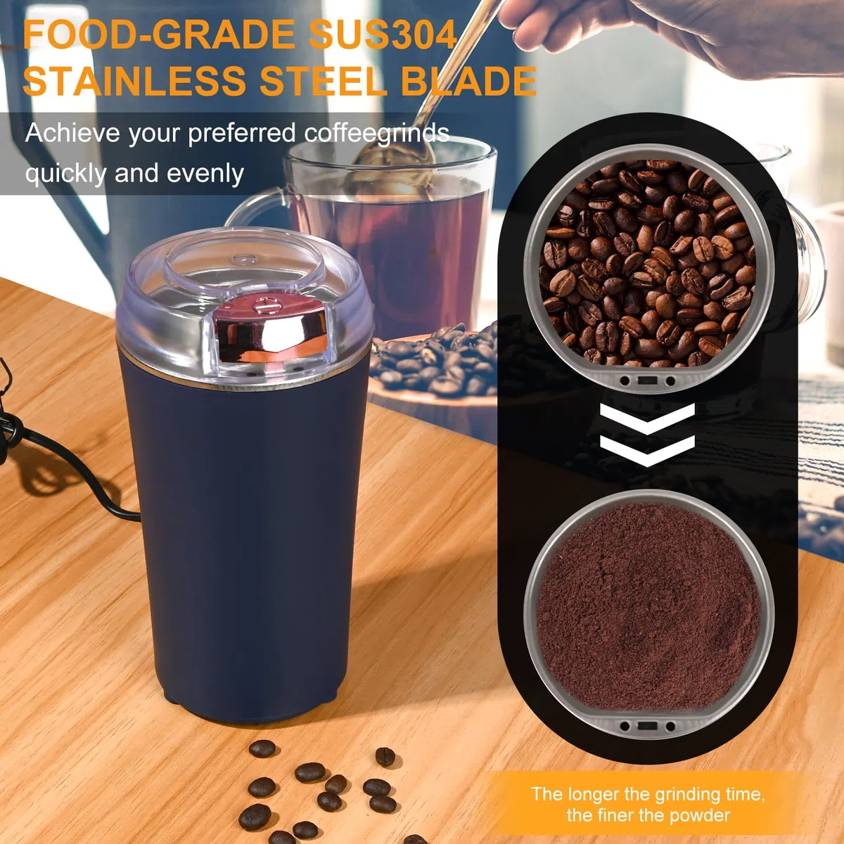 Weinsamkeit Molinillo de Café Eléctrico, Molinillo Electrico 200W Molinillo Especias con Cuchillas de Acero Inoxidable Molinillo Cafe Electrico Portátil Molino Café para Especias, Nueces, Cereales