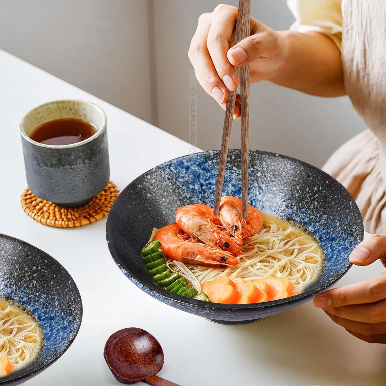 Juego De 2 Cuencos de Ramen, Ramen Bowl de Cerámica de 1000ML,Cuencos de Cerámica,Ramen Bowl Japonés de Cocina de Sopa de Porcelana Ensaladeras Para Pho y Tazón de Sushi Para Lavavajillas