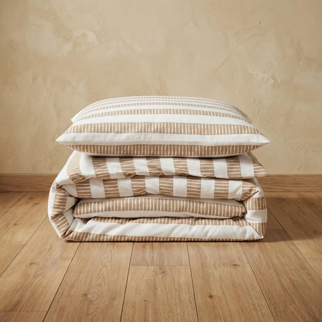 GAMUSI Juego Funda nórdica Cama 90 100% algodón - Funda Almohada 45x110 cm, Estampado líneas Beige