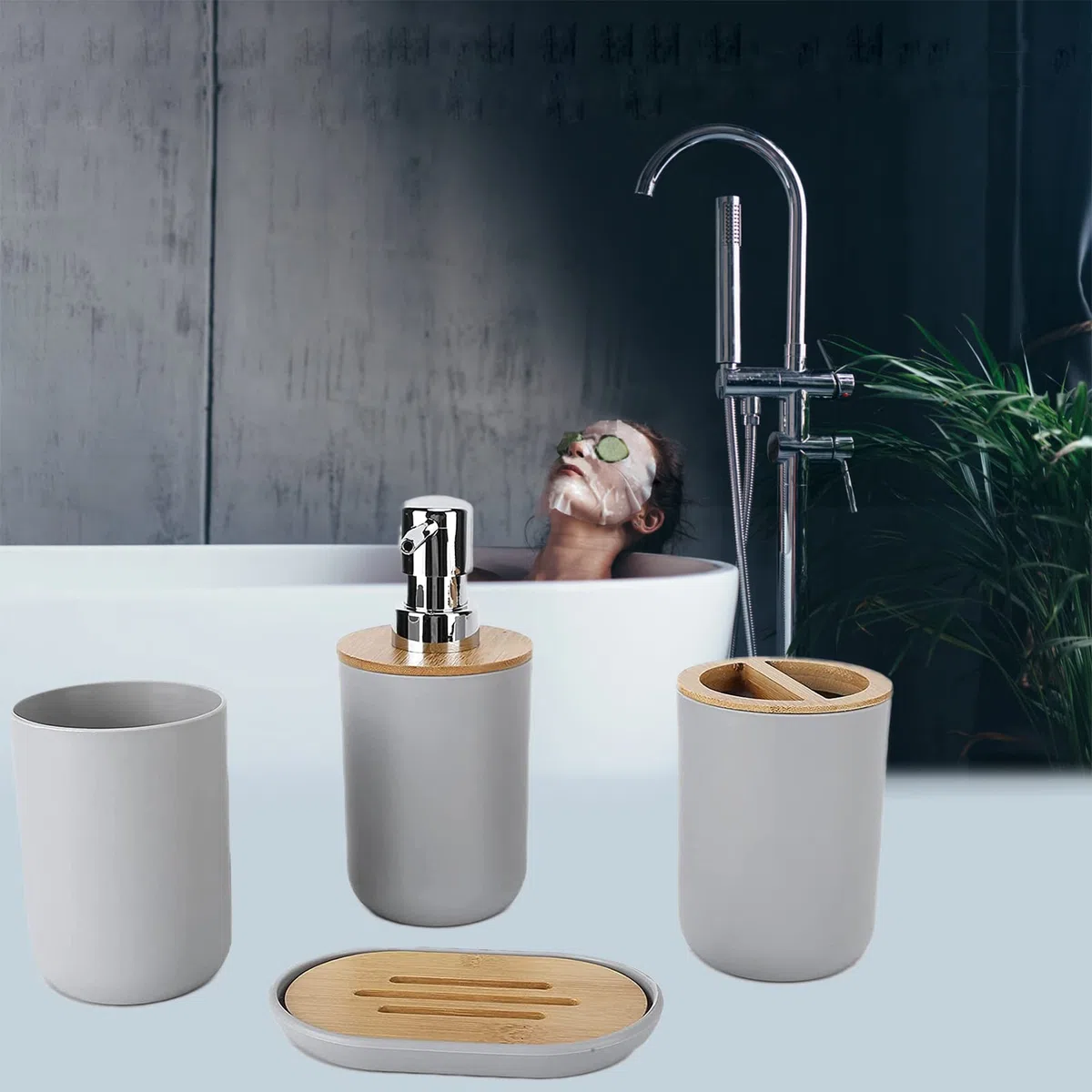 Juego de Accesorios de baño de 4 Piezas Incluye dispensador de jabón, Soporte para Cepillo de Dientes, Taza para Cepillo de Dientes, jabonera Accesorios baño jabón y Vaso (Gris)