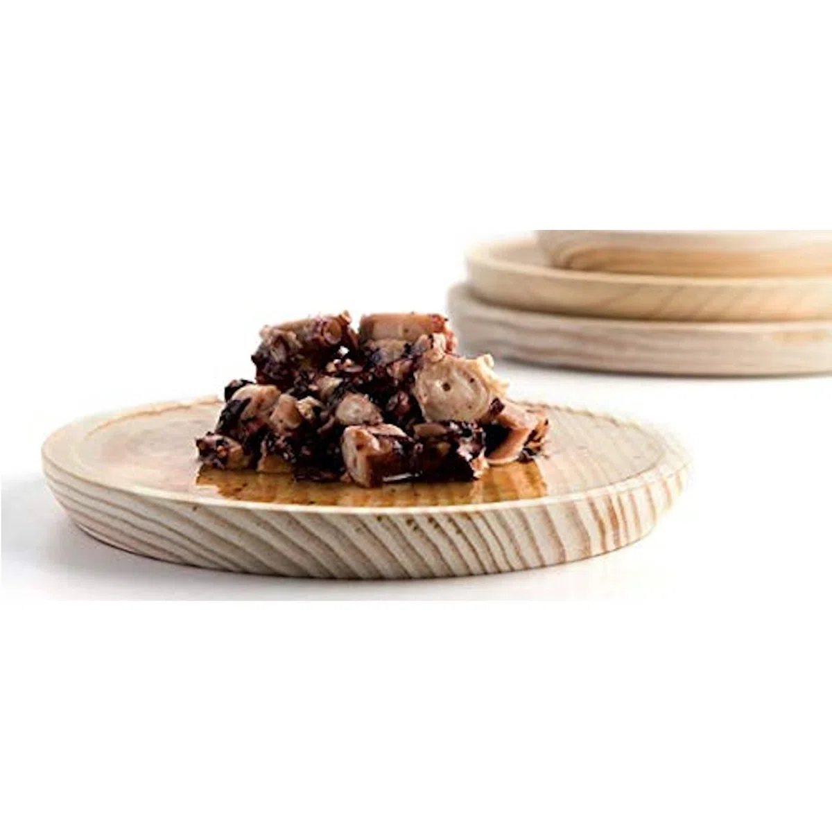 Tradineur – Pack de 6 platos de madera especial para pulpo, de 21,8 cm de diámetro y 1,9 cm de alto, vajilla madera, vajilla para comida, tabla pulpo, pizza, fuente para alimentación (6, 22 cm)
