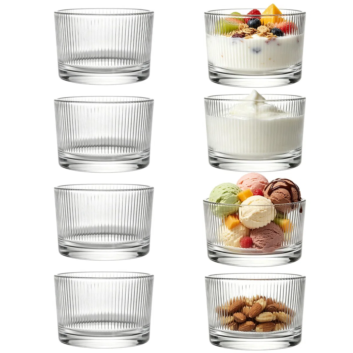 Juego de 8 vasos de postre de cristal, 200 ml, cuencos de postre transparentes, aptos para lavavajillas, vasos de postre, cuencos apilables para tiramisú, Panna Cotta, helados, pudding y yogur