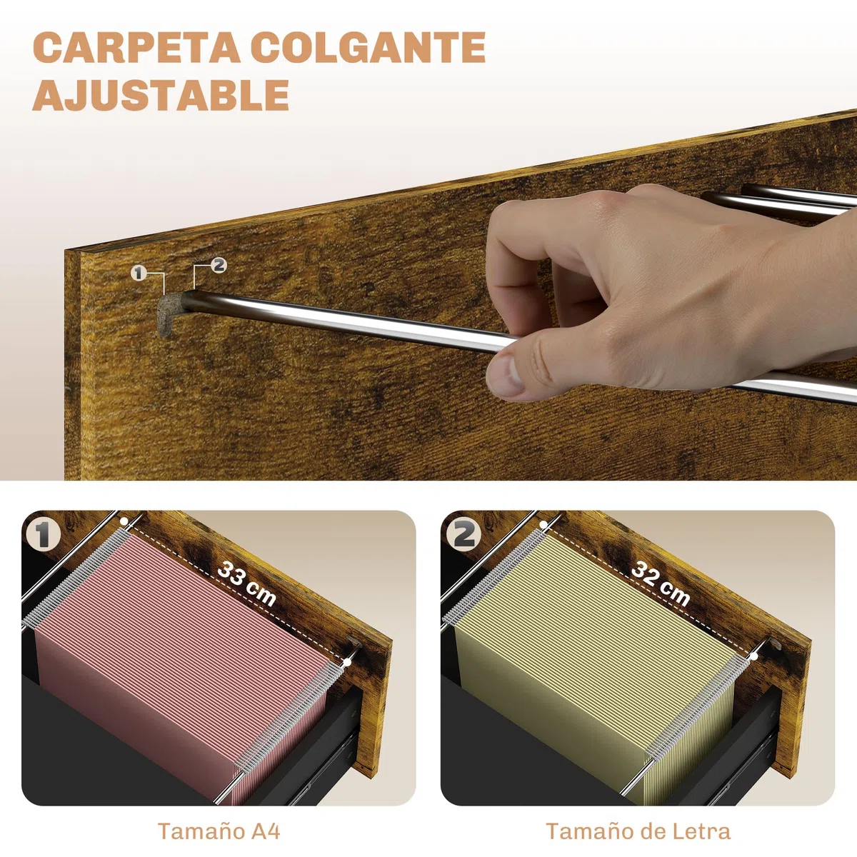 HOMCOM Cajonera de Oficina Industrial con 2 Cajones y Cerradura Cajonera para Archivadores con Carpetas Colgantes Tamaño A4 80x39x73,5 cm Marrón