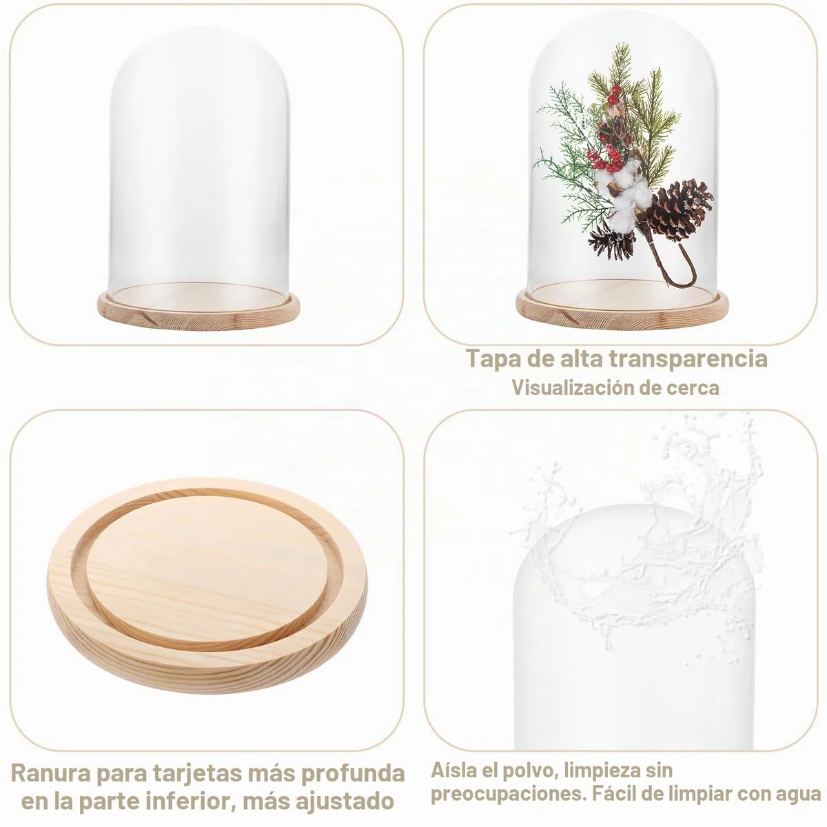 APACALI 1 campana de cristal con suelo de madera, 30 cm, campana de cristal transparente, caja de cristal, con base para luces, decoración, accesorio para el hogar