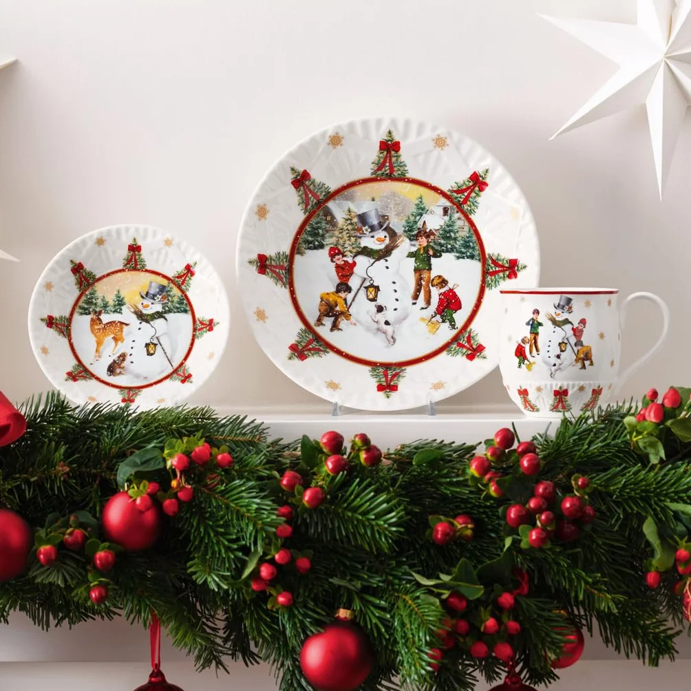 Villeroy & Boch – Toy's Fantasy fuente grande, cuenco navideño grande de porcelana, decoración de muñeco de nieve, cuenco para servir, cuenco de cerámica, plato hondo navideño