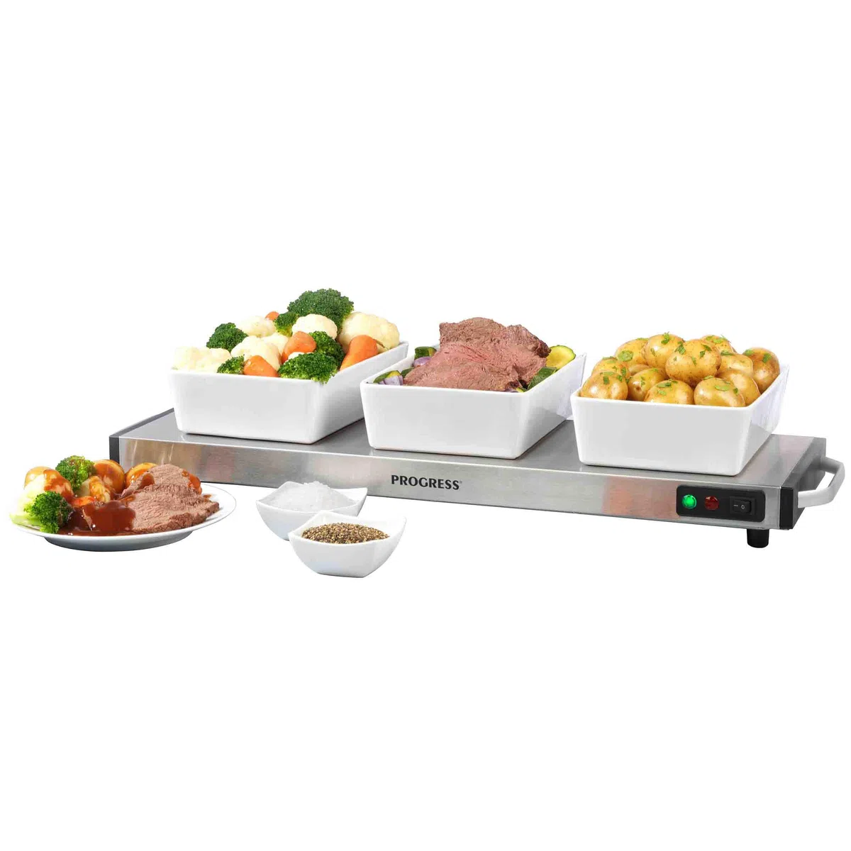Progress Placa Calefactora Inalámbrica - Gran Bandeja Caliente para Alimentos, Calienta Platos, Servidor de Buffet Portátil, 1200W, Carga en 15 Minutos, Mantiene el Calor durante 60 Minutos