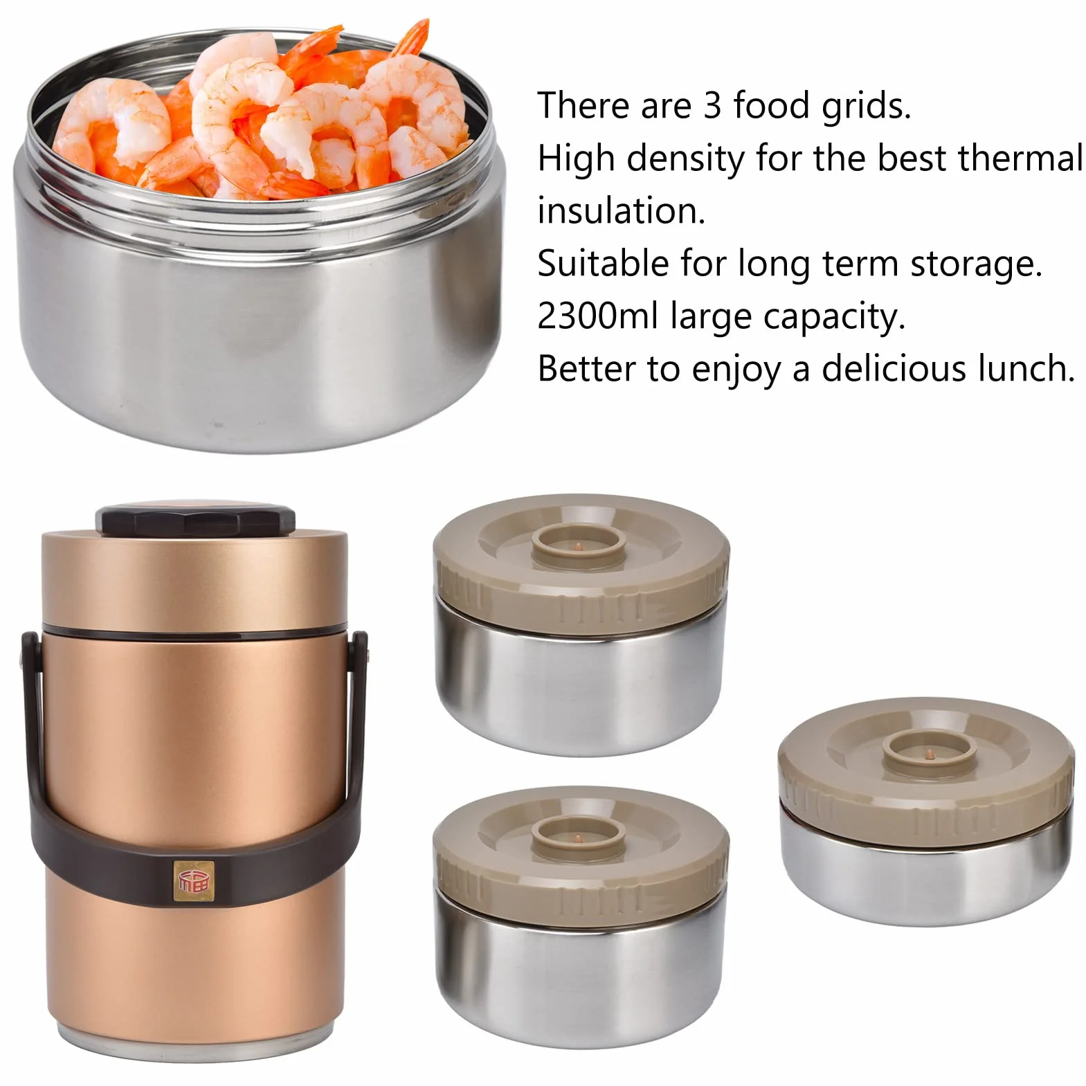 BuyWeek Tarro de Comida Aislado Contenedor de Almuerzo Aislado, 3 Capas de 2,3 L de Acero Inoxidable 304 para Viajes de Trabajo (Oro)