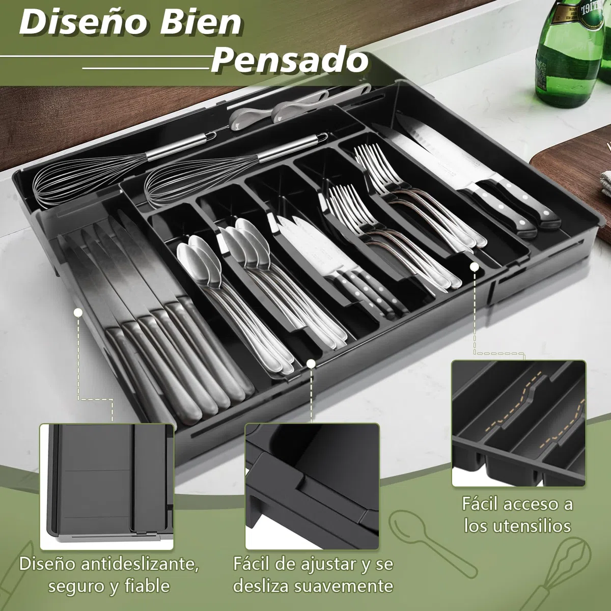 Charmofun Bandeja Cuberteros para Cajon Cocina, Organizador Cubiertos Extensible con 9 Compartimentos, Organizador Cocina Negro para Cucharas y Tenedores, Kitchen Organizer