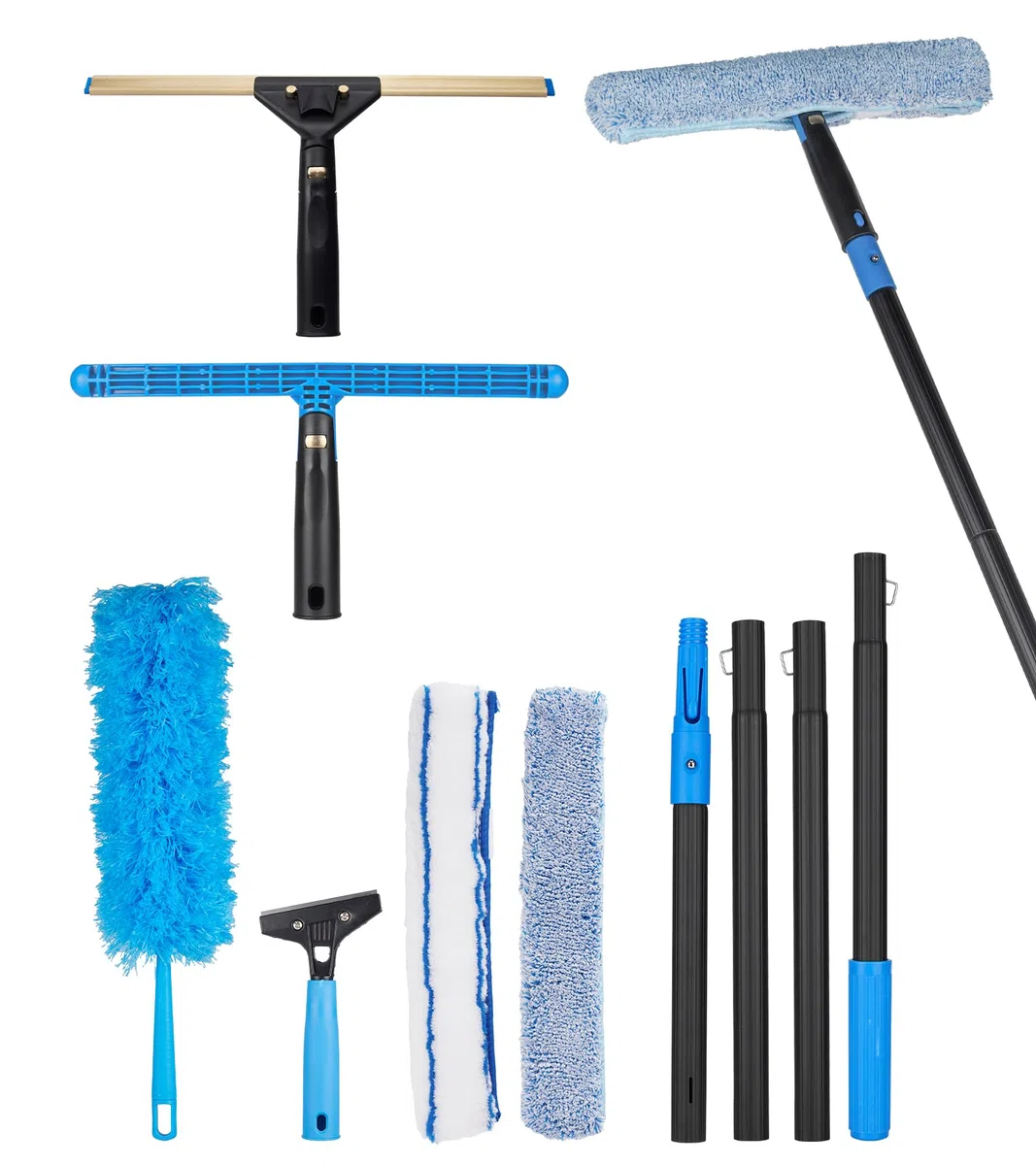 Kit de escobilla giratoria con 4 postes de extensión, raspador de vidrio, plumero flexible, 2 paños de limpieza de ventanas para vidrio, coche, suelo, hogar, jardín