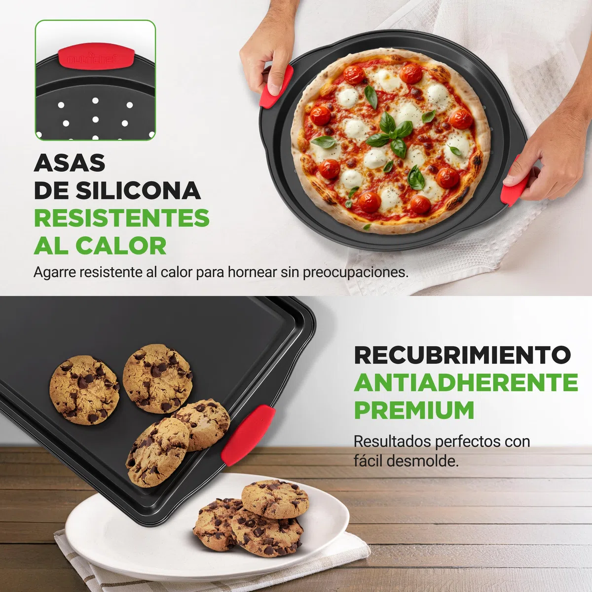 Nutrichef Bandejas Horno, Cocina, Set de 8, Antiadherentes, Mangos de Silicona