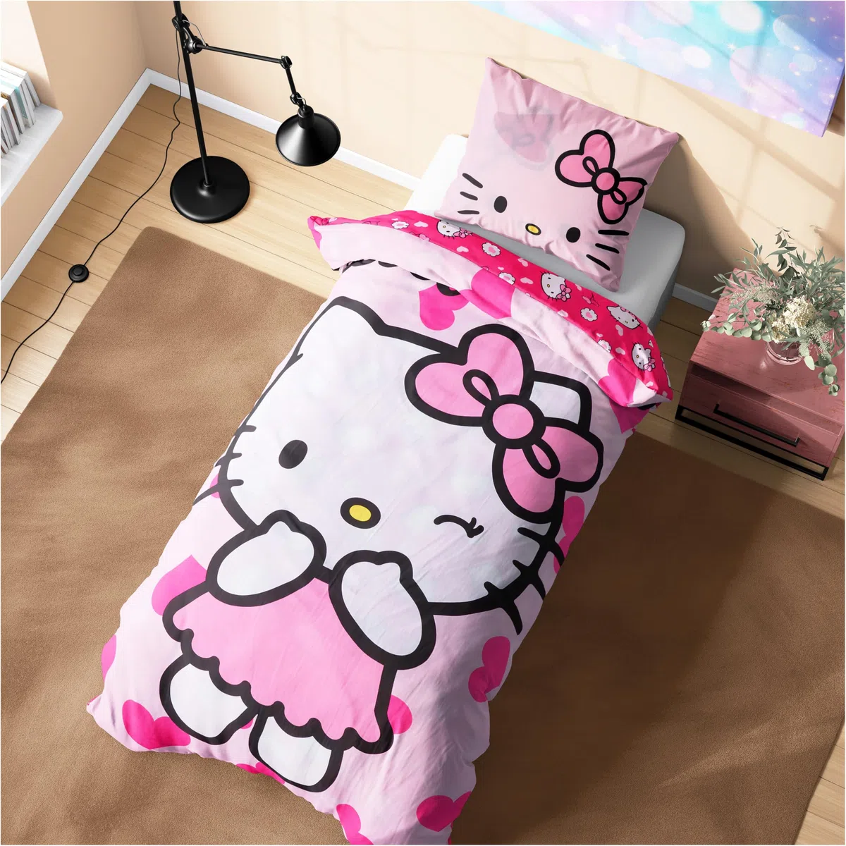 Hello Kitty Sanrio Juego de Cama Individual con Funda Nórdica Reversible 135x200cm y Funda de Almohada, Kuromi Cinnamoroll Accesorios Habitacion (Rosa Hello Kitty, Individual)