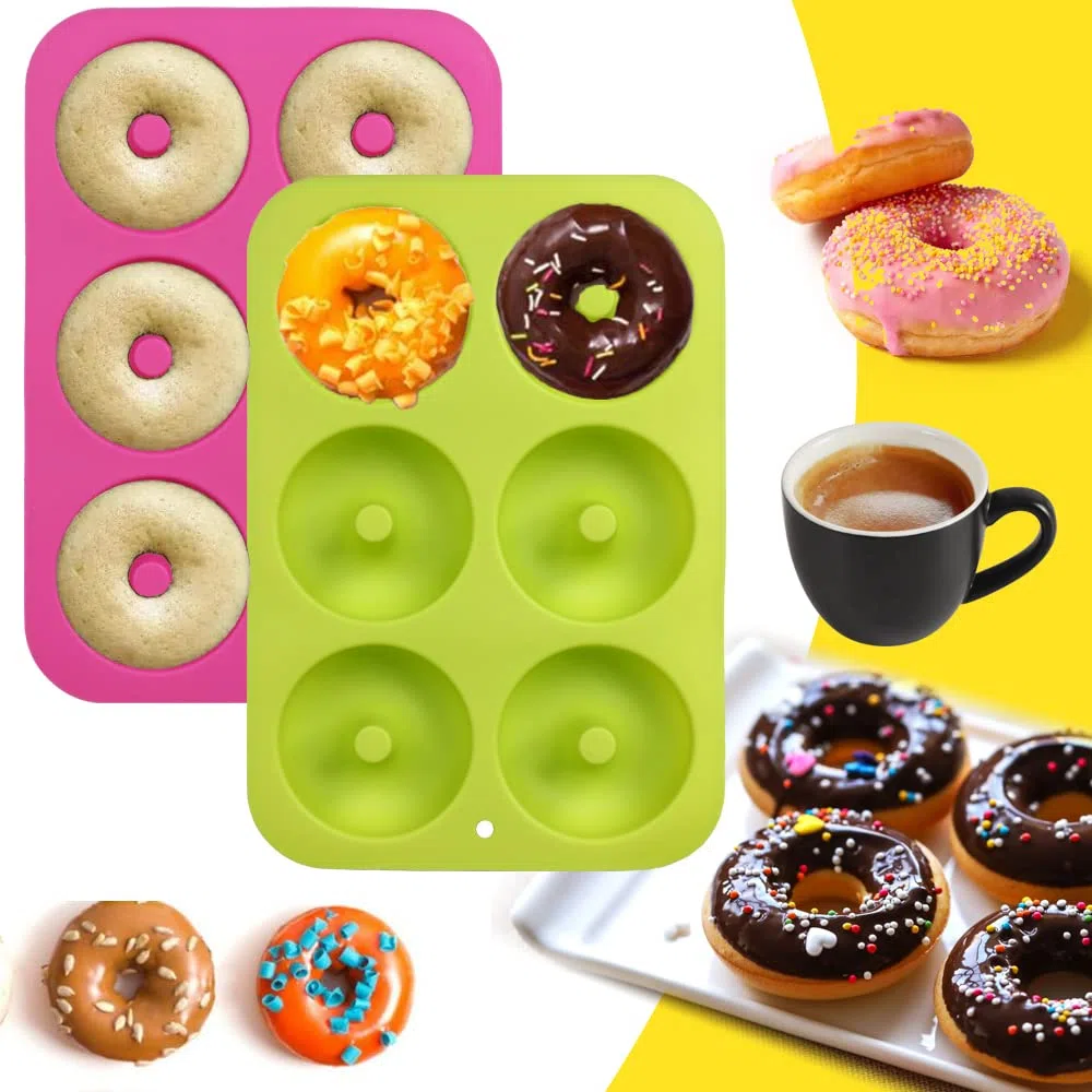 homEdge - Pack de 2 moldes para dónuts, antiadherentes, con silicona de grado alimenticio, verde y rosa