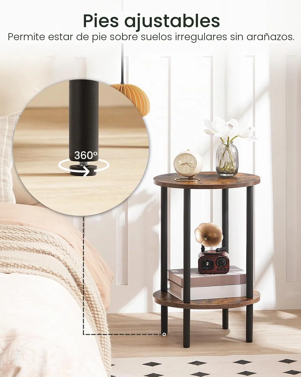 CHOEZON Mesa Auxiliar Redonda, Mesita de Sofá con Dos Estantes, Mesilla de Noche Pequeña, Mesita de Centro de Estilo Industrial para Salón, Dormitorio, Marrón Vintage y Negro DTBZ01BF