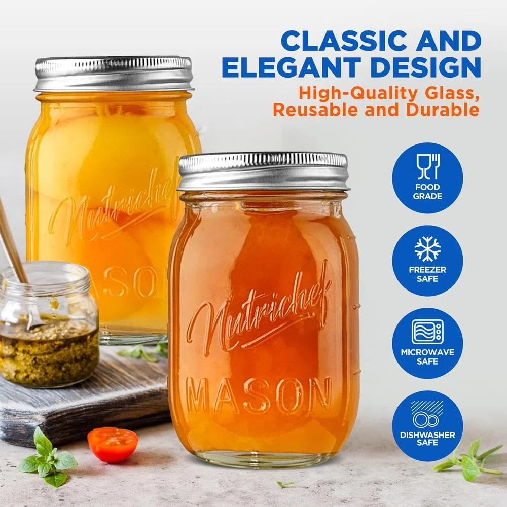 NutriChef set de 16 frascos de vidrio 470 ml con cierre hermético multiuso para meal prep, mermeladas, especias, miel, velas y decoración DIY