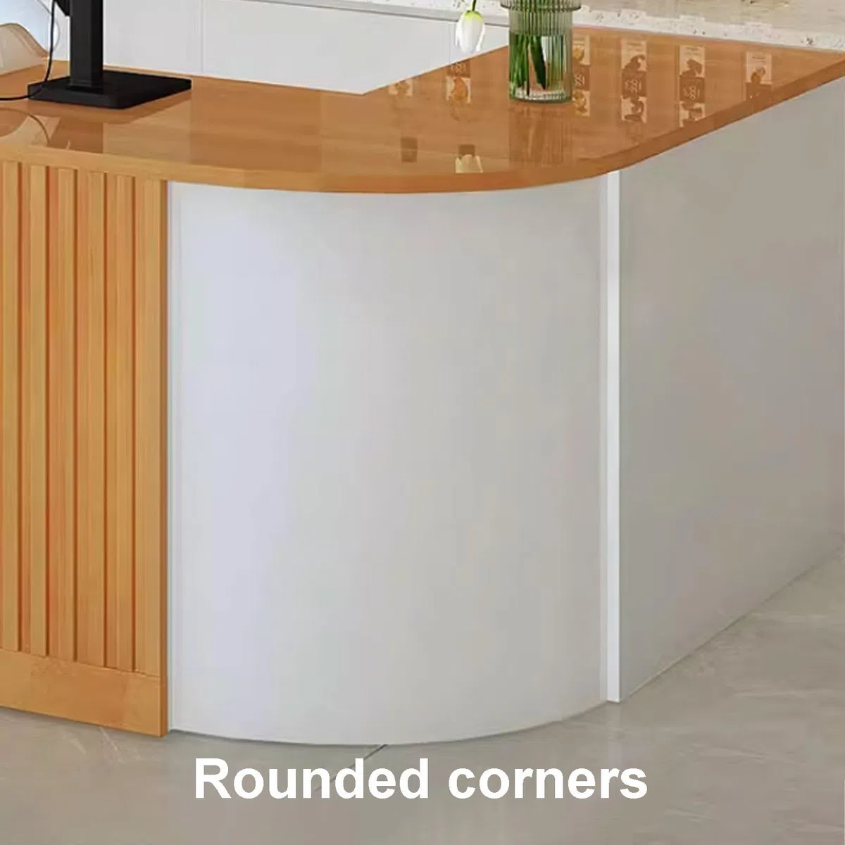 Escritorio moderno con cajones, vestíbulo y mesa de oficina en blanco y marrón, 140 cm, material de madera, diseño contemporáneo para uso empresarial