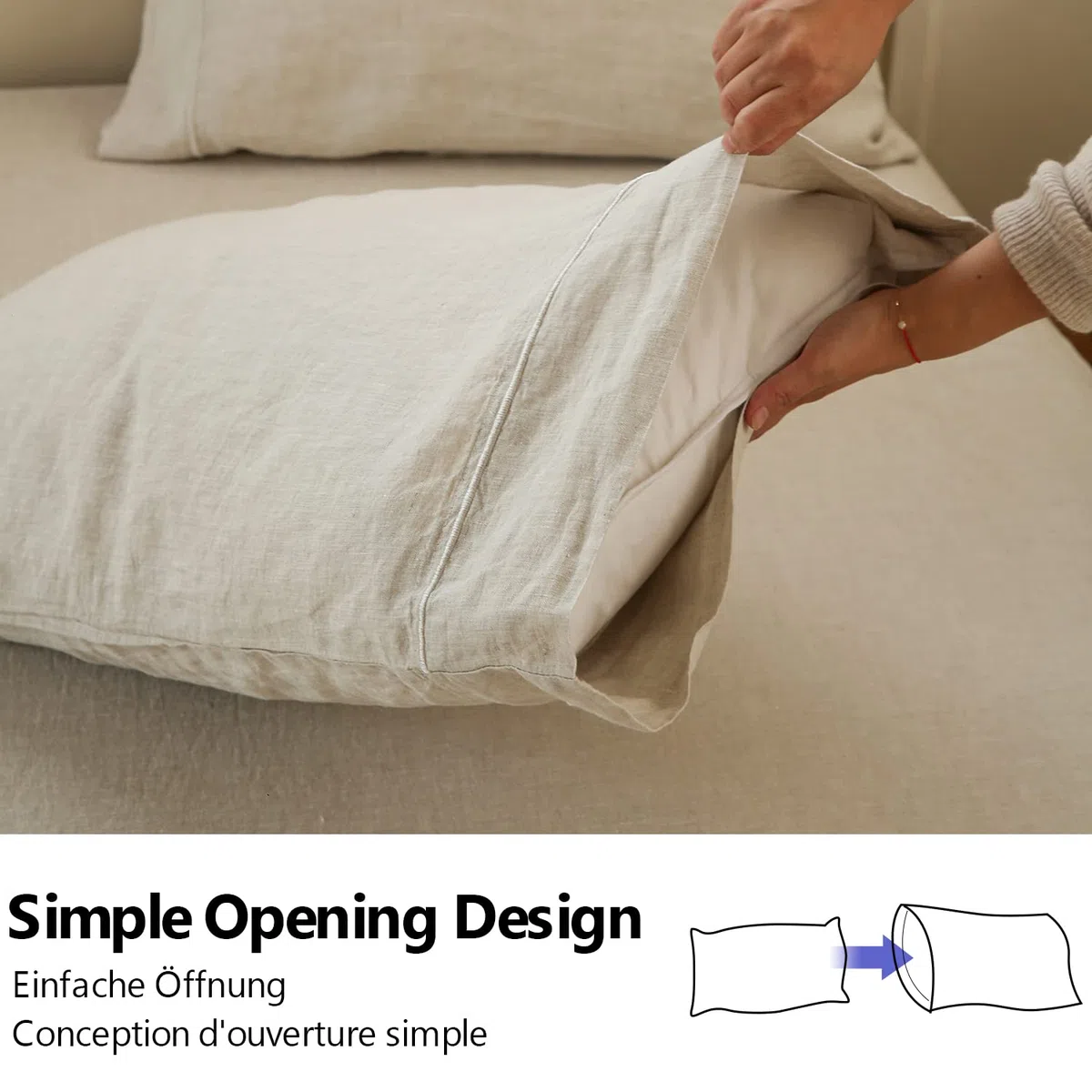 Simple&Opulence 100% Lino Lavado a la Piedra Bordado Hilo Dental sólido 2 Fundas de Almohada(Lino Natural, 50 x 75 cm)