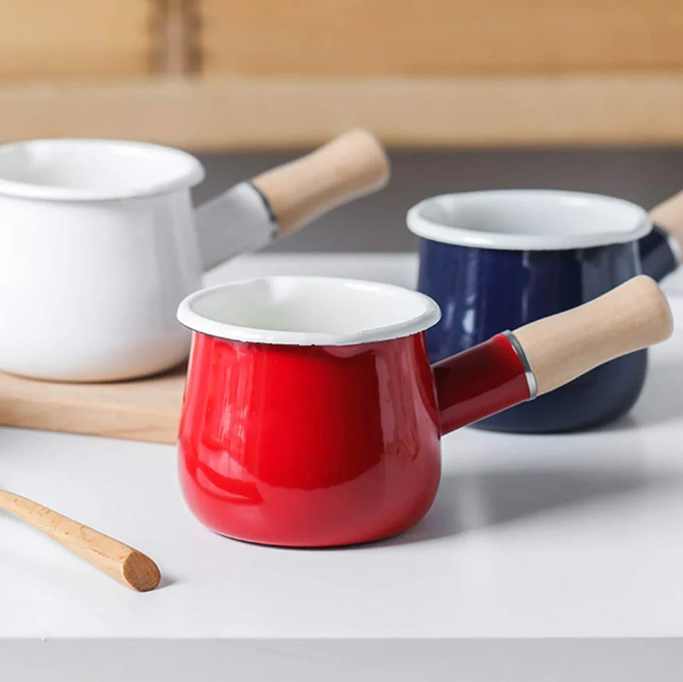 Cazo antiadherente pequeño para leche, té, café, hervir huevos, preparar la papilla del bebé, diseño esmaltado con mango de madera, fácil de limpiar, de Jmahm. rosso