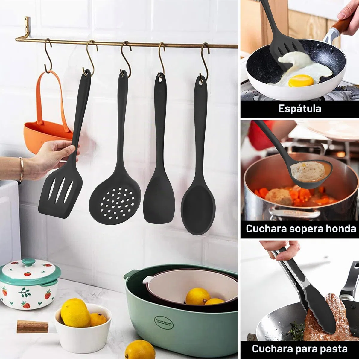 Joyfair - Juego de 15 utensilios de cocina de silicona resistente al calor con soporte para utensilios de cocina antiadherentes, apto para lavavajillas, color negro