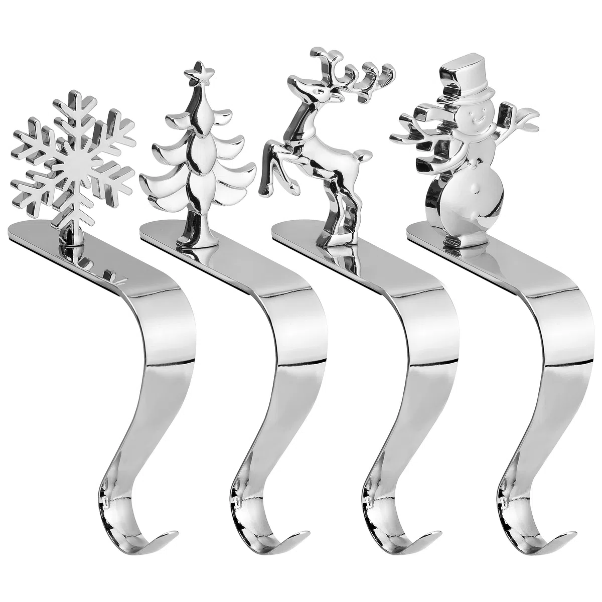 BELLE VOUS Pack de 4 Ganchos Plateados para Calcetines de Navidad - Set Adorno Navideño con 4 Diseños Copo de Nieve, Árbol de Navidad, Reno y Muñeco de Nieve - Set Colgador Calcetines Navidad