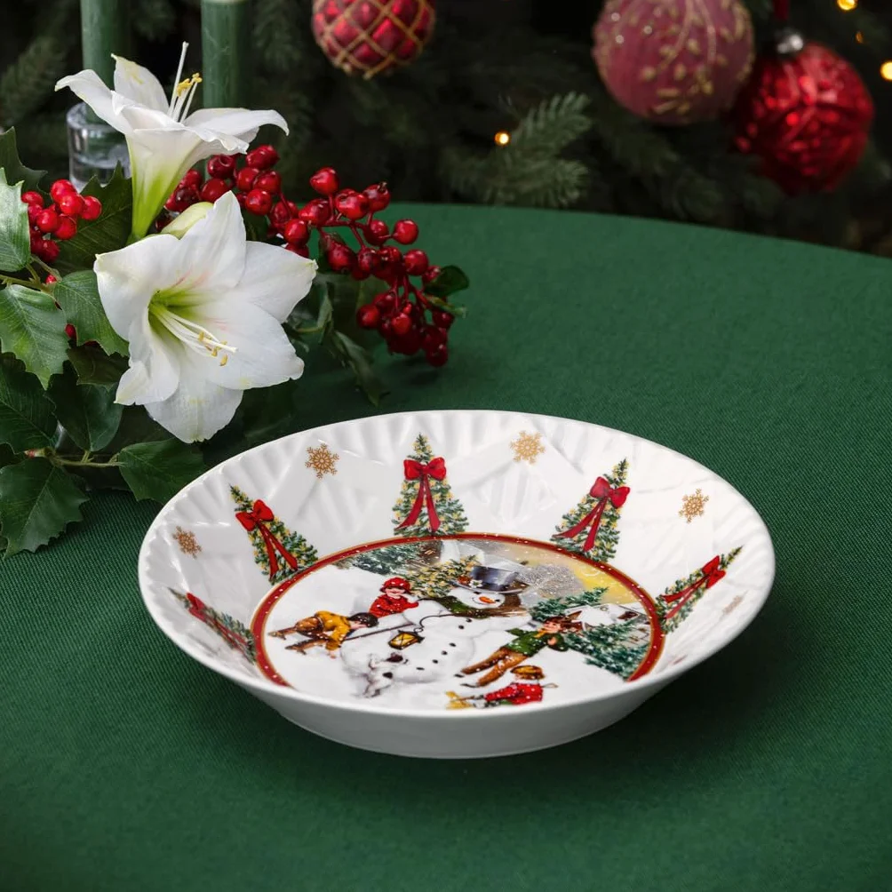 Villeroy & Boch – Toy's Fantasy fuente grande, cuenco navideño grande de porcelana, decoración de muñeco de nieve, cuenco para servir, cuenco de cerámica, plato hondo navideño