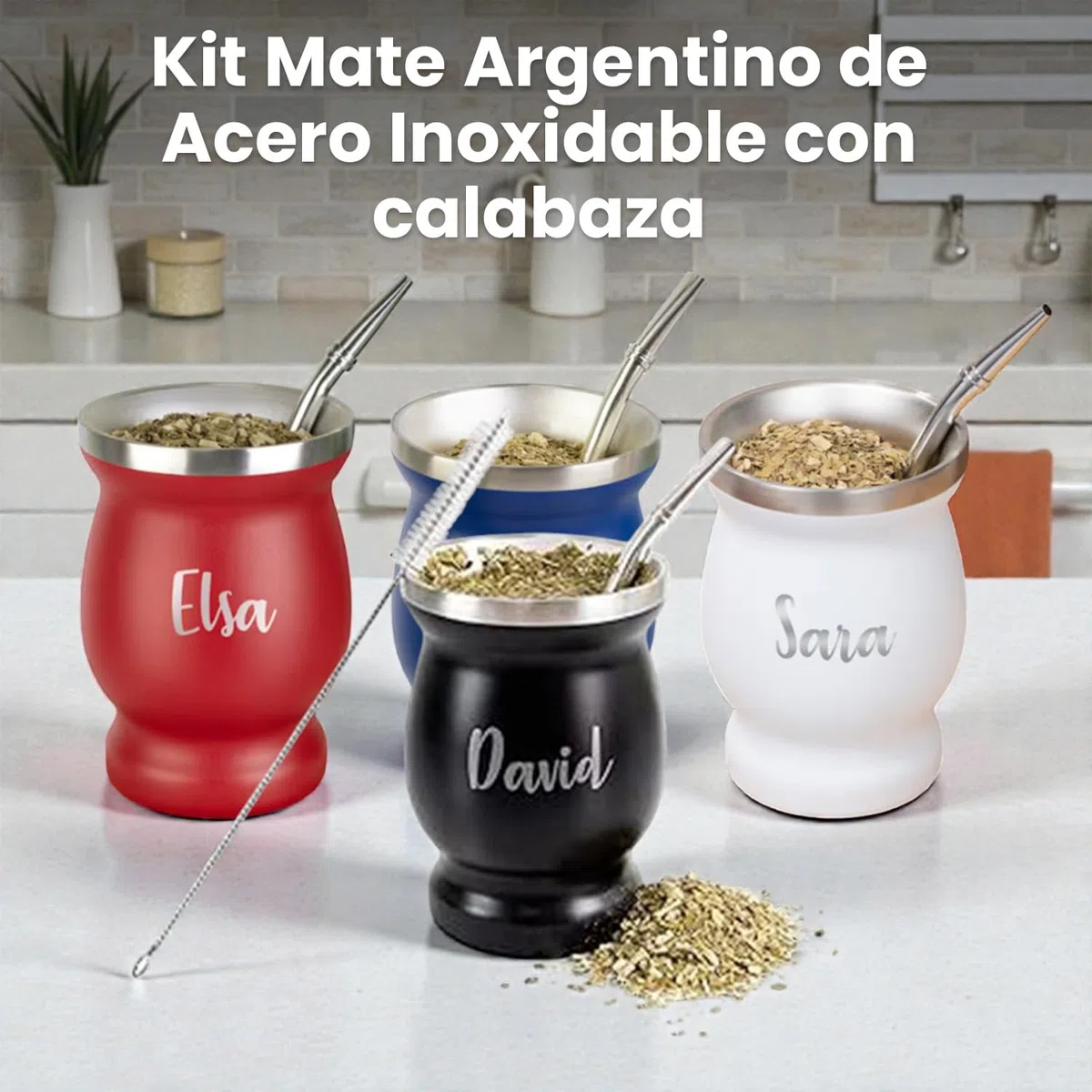 Regalo Original - Kit Mate Argentino de Acero Inoxidable - Calabaza BlancoPersonalizable con Nombre - Vaso 250 ml de Doble Pared, Bombilla y Cepillo - Grabado Imborrable