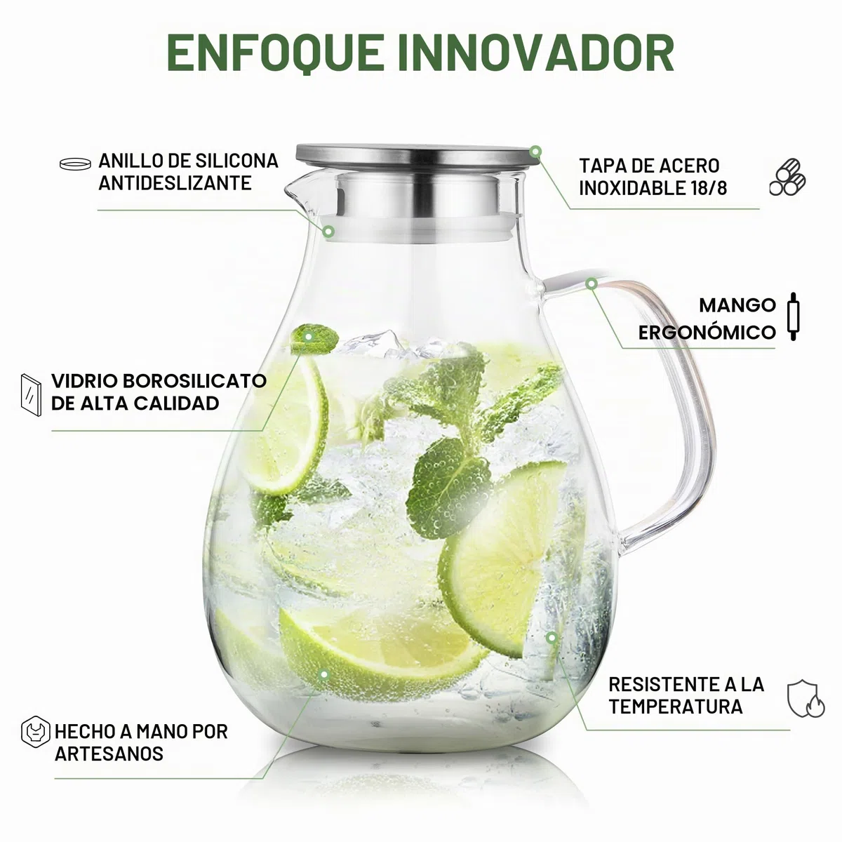 SUSTEAS Jarra de Cristal de 2,5 Litros con Tapa y Asa Ancha, Fácil de Limpiar para Frigorífico, para Agua Fría/Caliente, Té Helado, con Cepillo