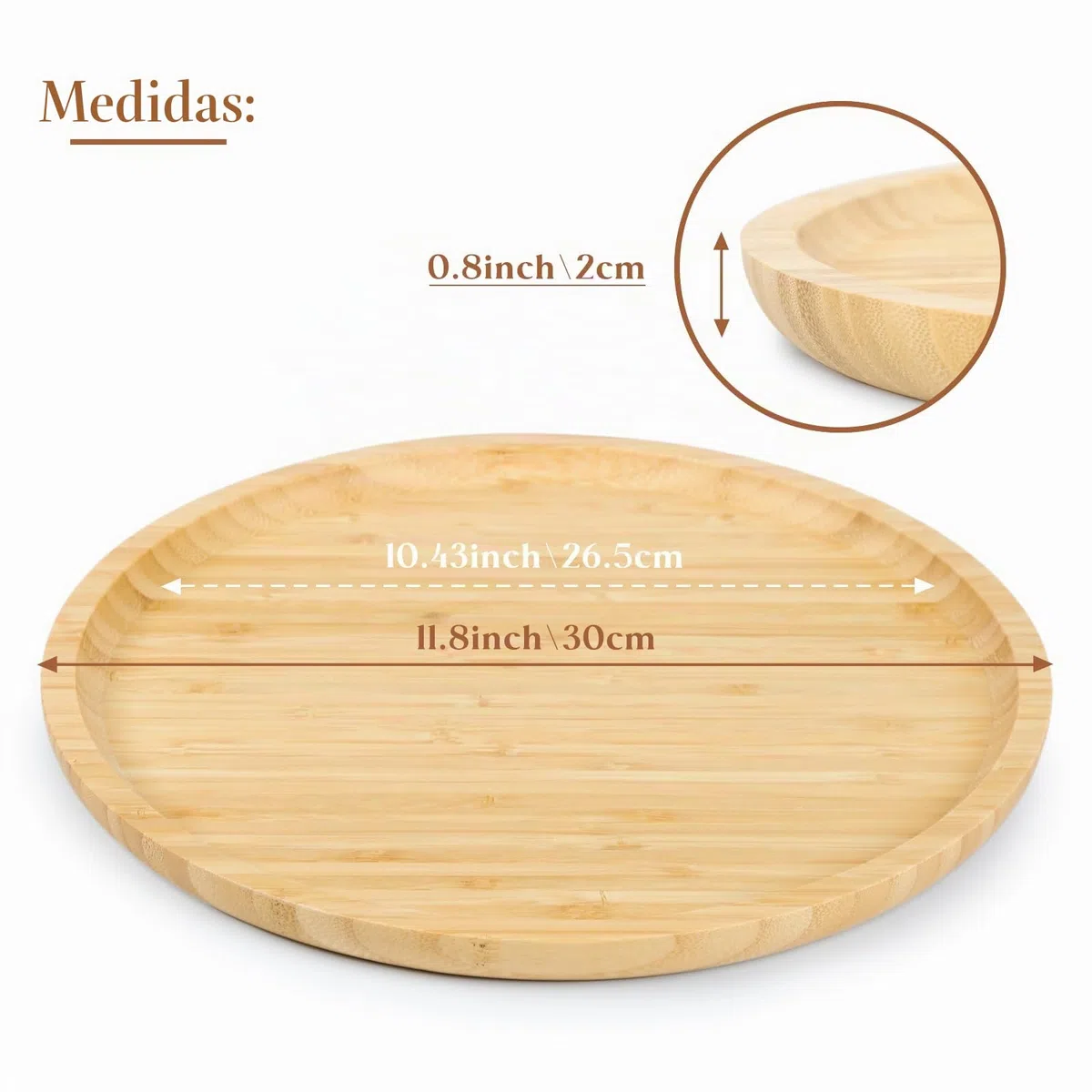 Bandeja de Bambu, Bandeja de Madera Redonda para Servir, Fuente de Bambú para Servir, Fruta, Pan, Plato de Ensalada, Tabla para Servir Charcutería (30 cm)