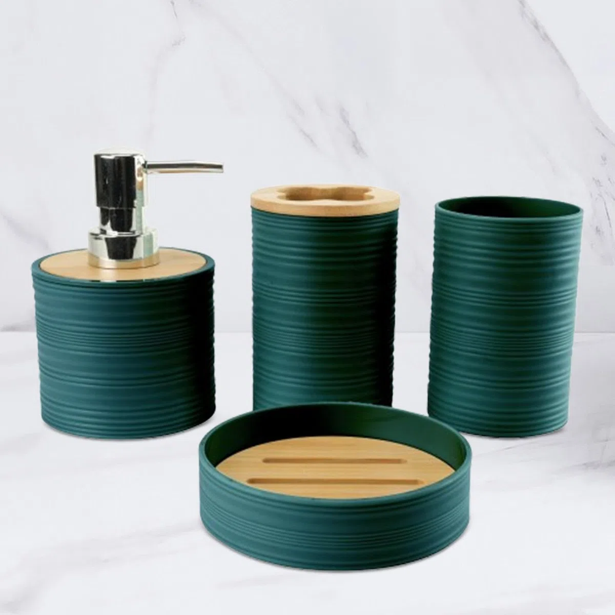 4 Piezas Set de Accesorios de Baño Dispensador de Jabón Porta Cepillos Vaso para Enjuague Jabonera Material Plástico Resistente Adecuado para Hogar, Verde Oscuro, Individual