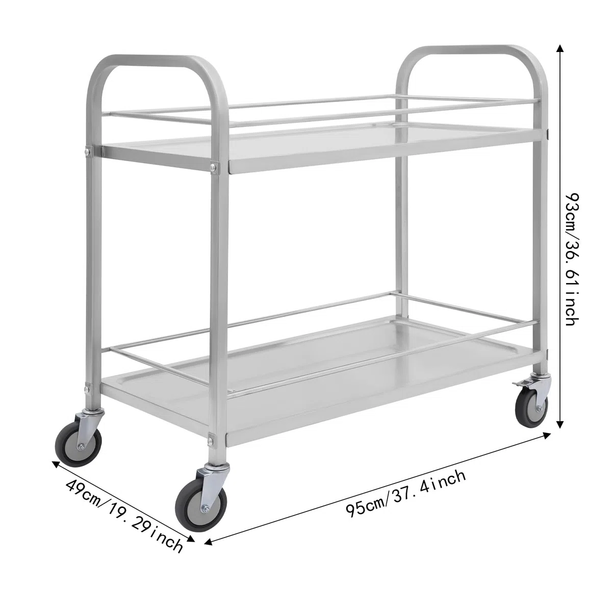Carro de servicio de acero inoxidable con 2 estantes y estructura de tubo redondo, carro de servicio pesado con 4 ruedas, 2 frenos, capacidad de carga: 75 kg