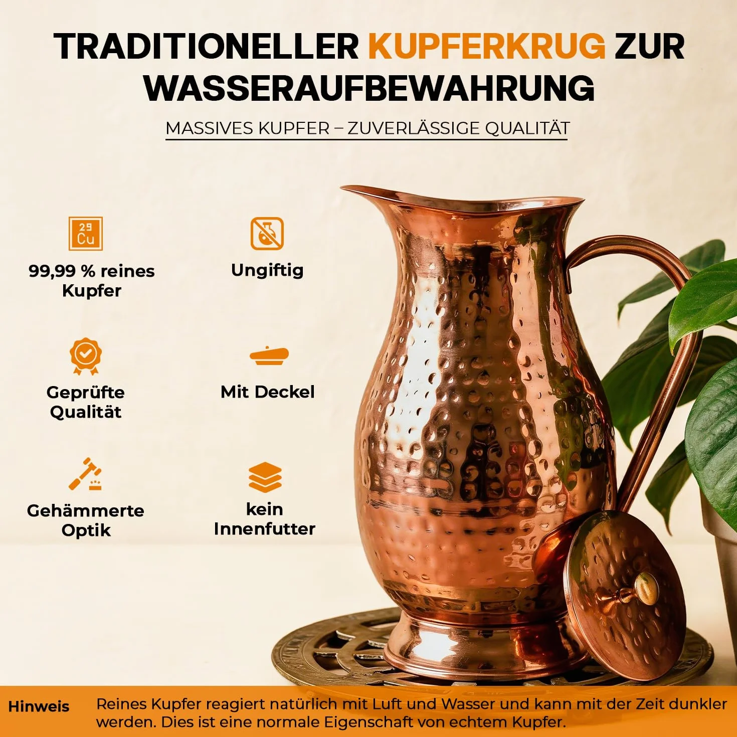 Jarra de cobre puro Royal de 1800 ml, 99,99% de cobre de grado alimenticio, sin BPA y a prueba de fugas, inspirada en Ayurveda para inmunidad, digestión, hogar y oficina