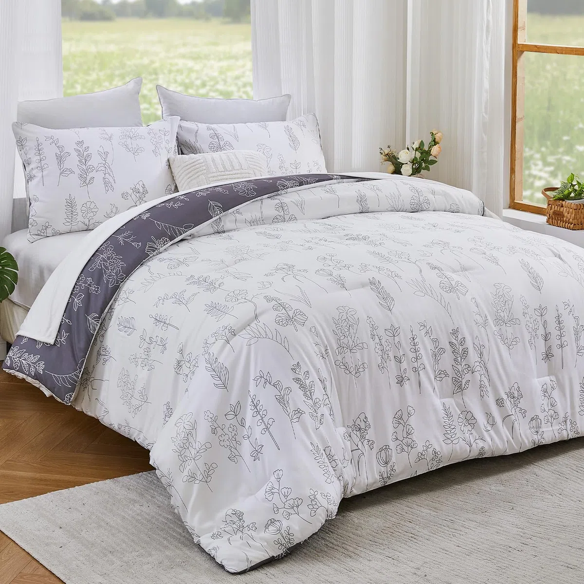Qucover Edredón Cama 135 con Estampado Floral 200x200 cm, Juego de 3 Piezas Invierno Super Suave y Cálido 260GMS Diseño Reversible Blanco Gris con 2 Fundas de Almohada 50x75 cm
