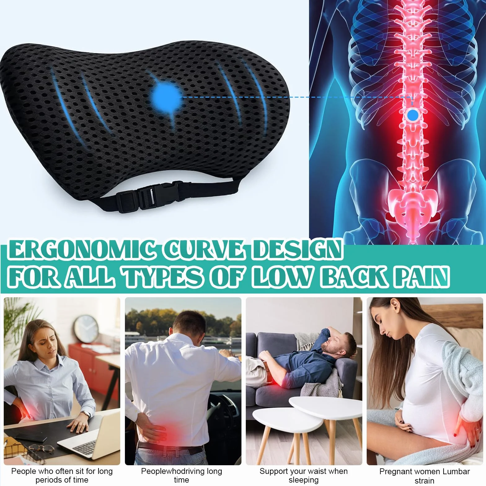 Almohada ergonómica de apoyo lumbar, cojín de respaldo de espuma viscoelástica de alta calidad para silla de oficina, coche y juegos, diseño ortopédico para aliviar el dolor de espalda baja, cubierta