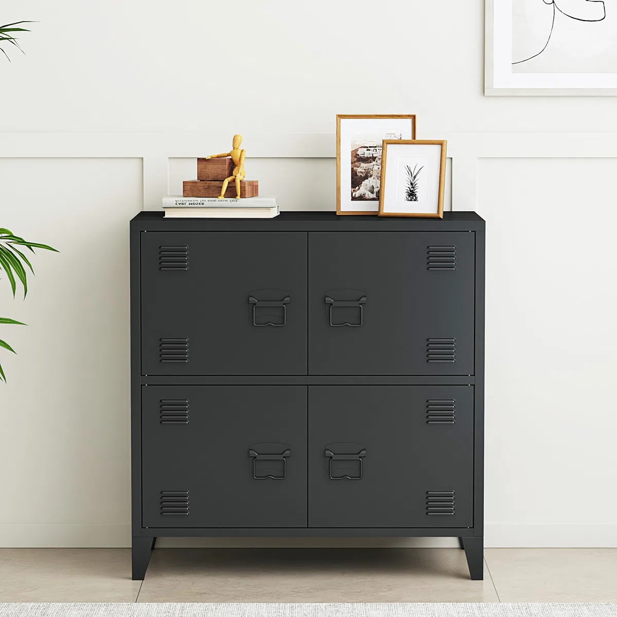 [en.casa] Armario Archivador Hamina Aparador Mueble de Oficina Estudio Garaje con 2 Compartimentos y 4 Puertas con Ranuras de Ventilación Acero 82 x 80 x 40 cm - Negro