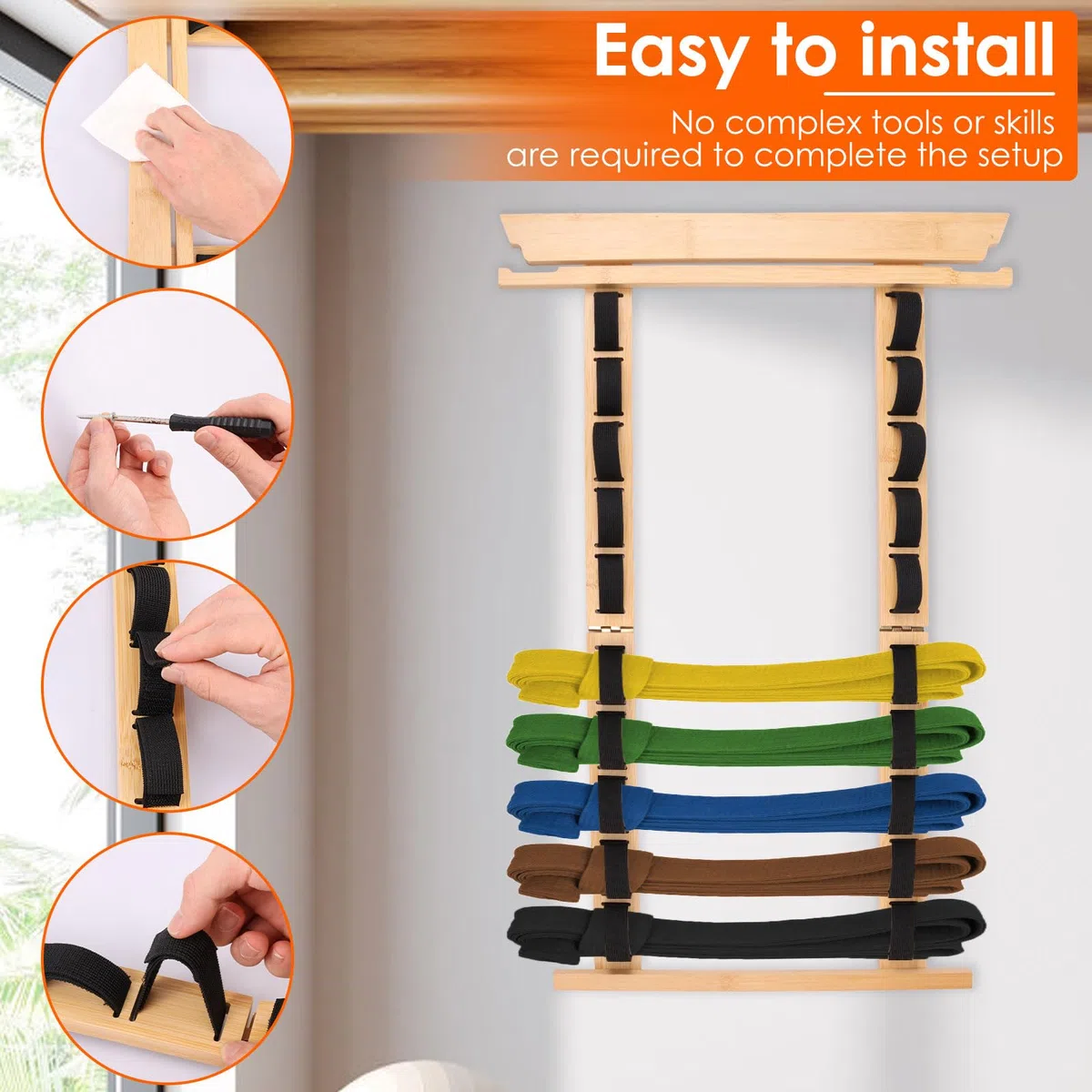 Soporte para cinturón Karate - 12 cinturones,Almacenamiento de cinturón de artes marciales de madera con colgador de medallas y pegatinas,Cinturón de artes marciales de madera,Equipo para