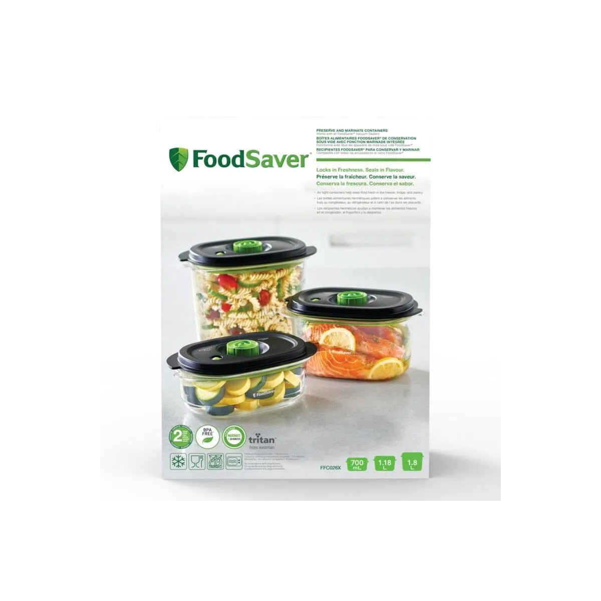 FoodSaver recipiente para conservar y marinar al vacío | 700 ml, 1,2L y 1,8L | Hermético | Libre de BPA | A prueba de fugas | Apto lavavajillas | paquete de 3
