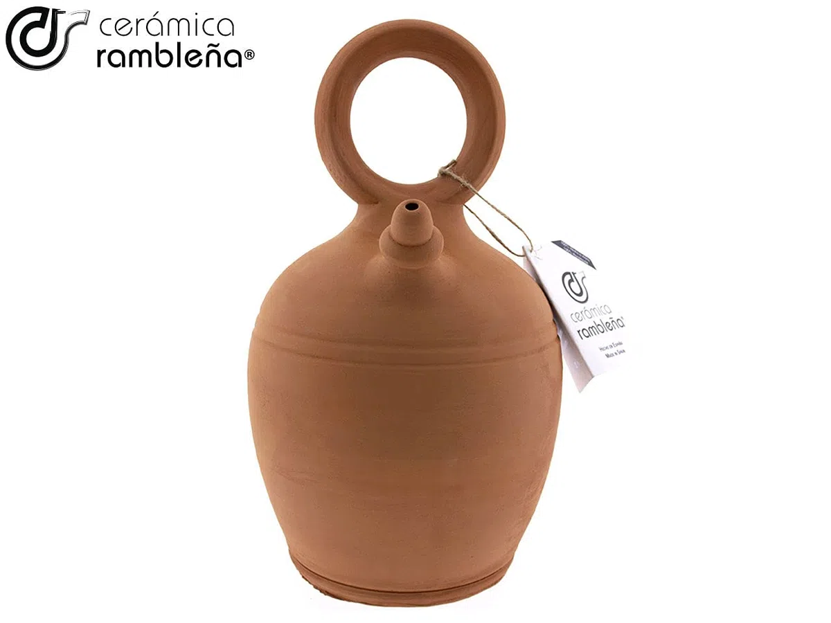 CERÁMICA RAMBLEÑA | Botijo de Barro Rojo Tradicional asa Redonda Base Ancha de La Rambla (Córdoba) | 100% Hecho a Mano | 3 litros | Eco | Plato NO Incluido
