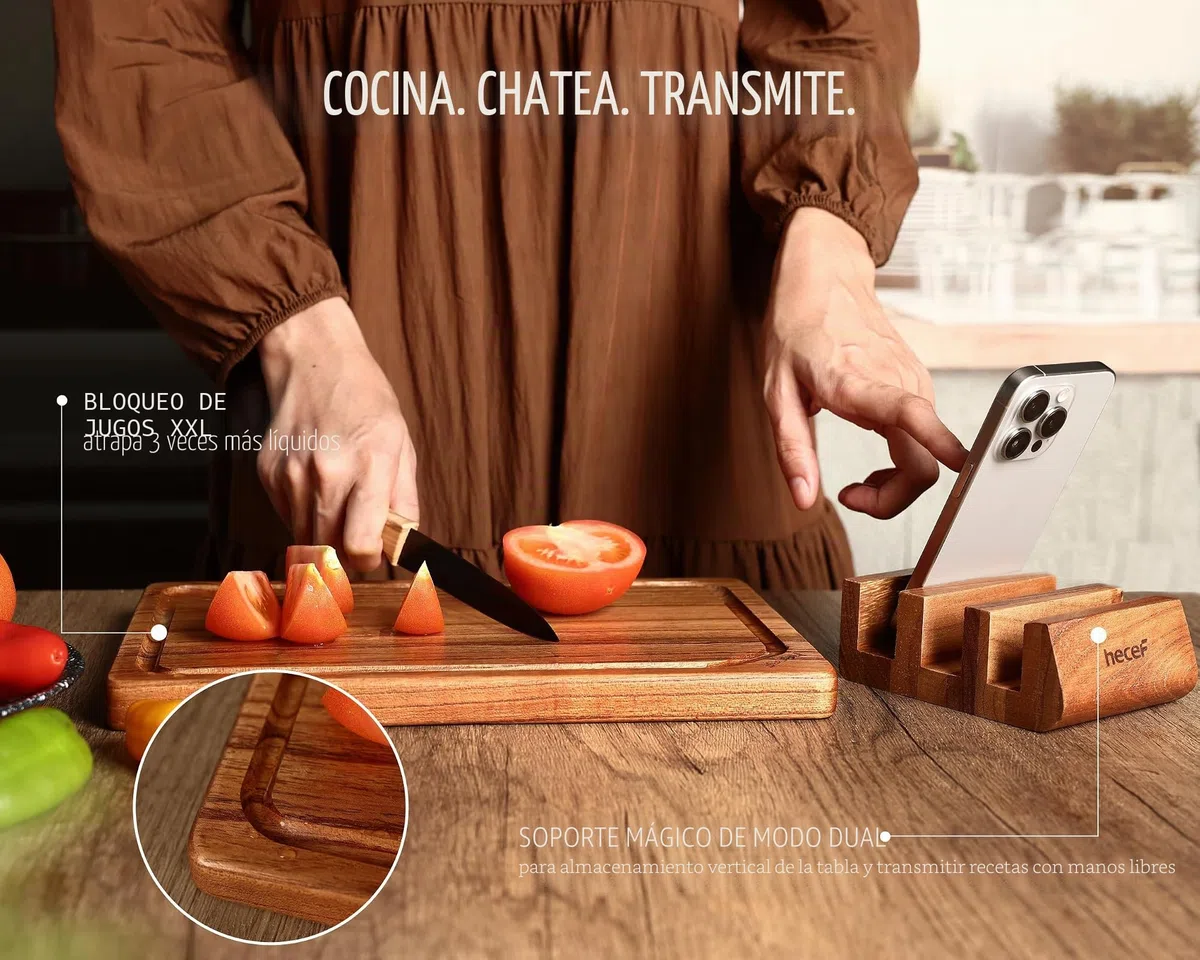 hecef Juego de tablas de cortar de madera con soporte, reversibles para cortar y servir, con ranuras antigoteo y asas integradas, set de 3 para carne, pescado, verduras, pan, embutidos y quesos