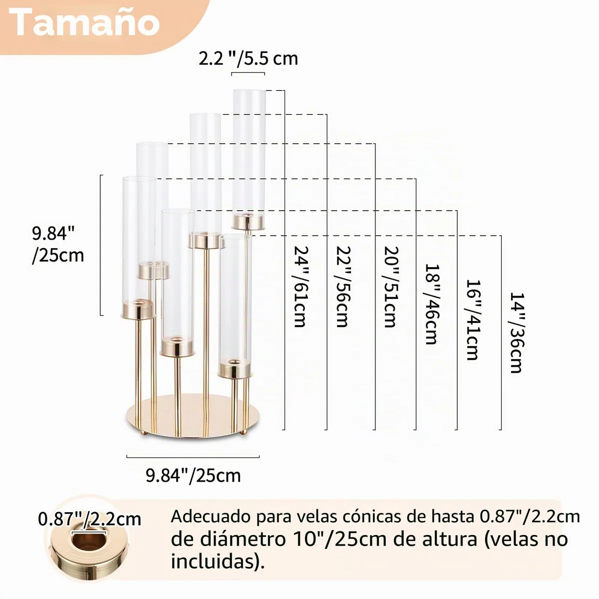 NUPTIO Oro Candelabro Titulares Huracán - 60cm Claro 2 Piezas Cilindro Vidrio de 6 Brazos Candelabro de Metal Vela Palo de La Chimenea Cubierta Al Aire Libre La Boda Centros de Mesa Mesas Decoración